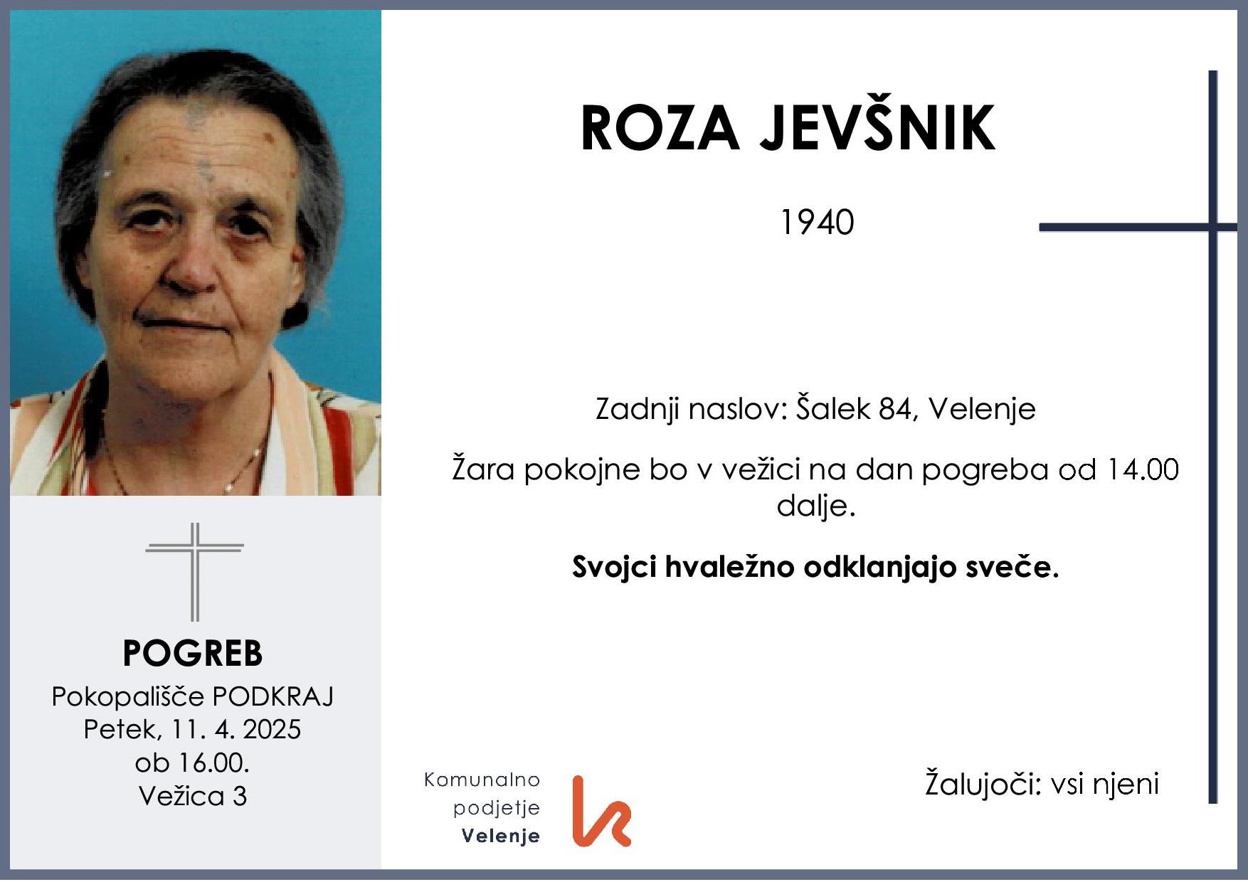 OsmrtnicaJevšnik Rozalija pogreb petek 11.4.2025 ob 16.00 Podkraj