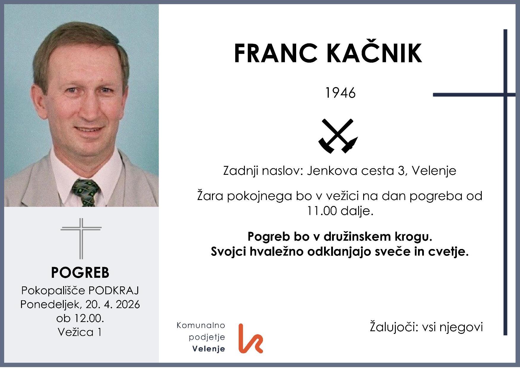 OsmrtnicaKačnikFranc1946 pogreb ponedeljek 20.4.2026 ob 12.00 Podkraj