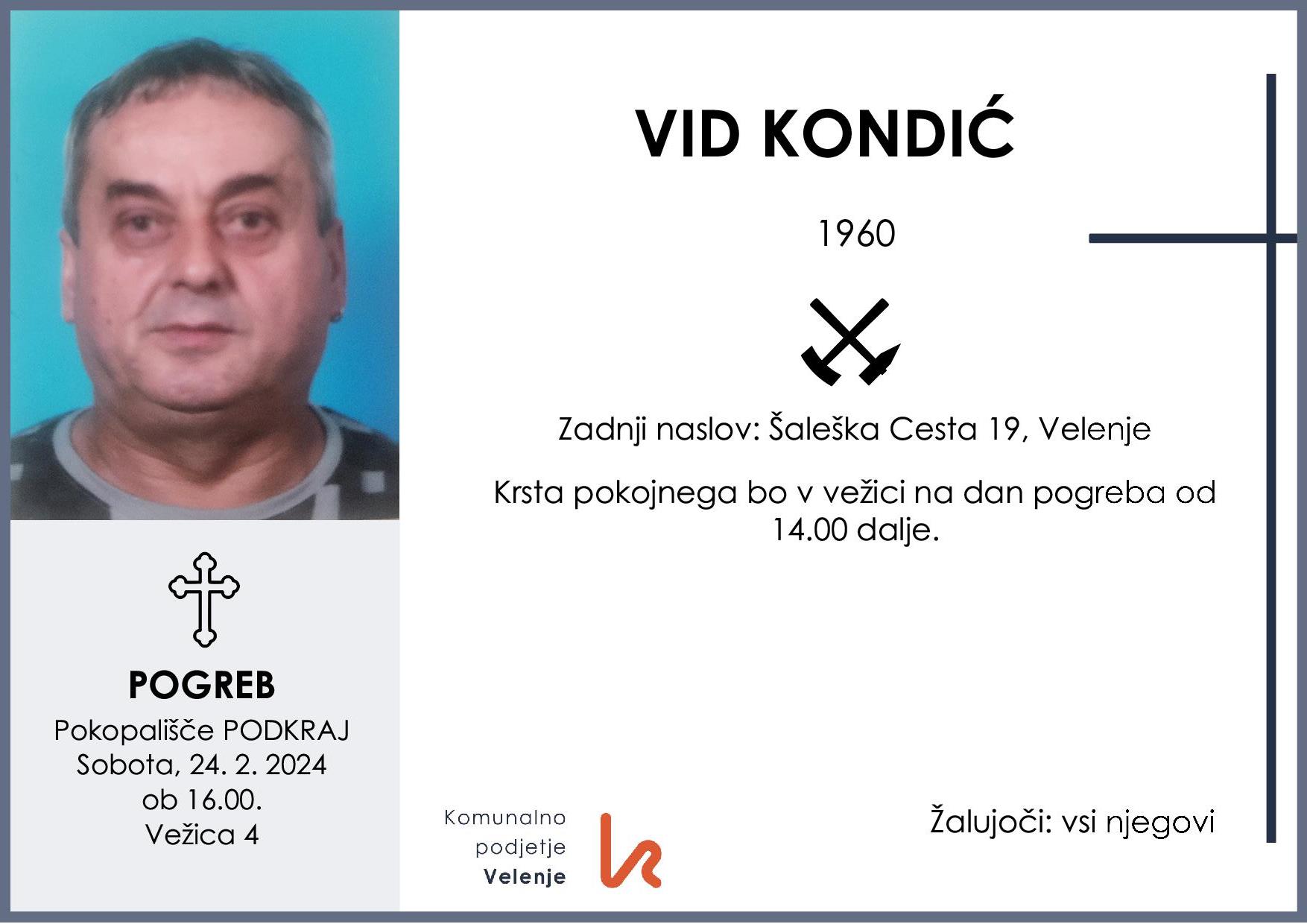 OsmrtnicaKondićVid1960 pogreb sobota 24.2.2024 ob 16.00 Podkraj