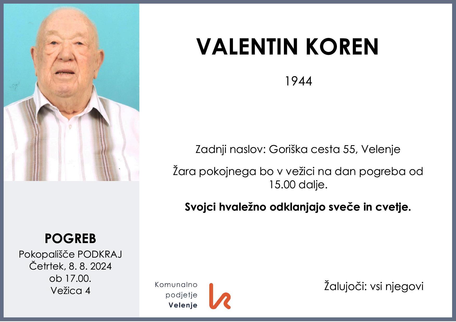 OsmrtnicaKorenValentin1944 pogreb četrtek 8.8.2024 ob 17.00 Podkraj