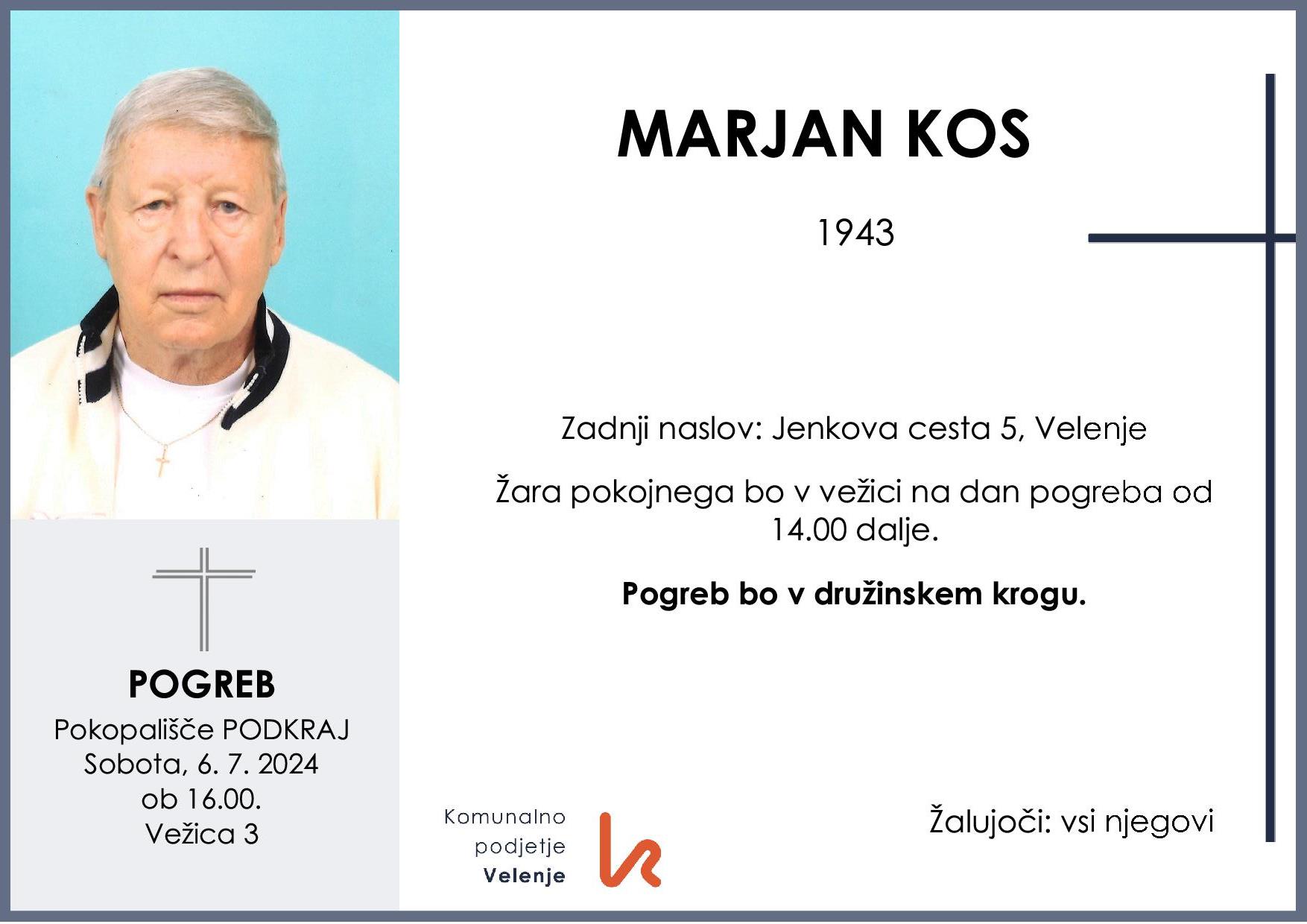OsmrtnicaKosMarjan1943pogreb sobota 6.7.2024 ob 16.00 Podkraj