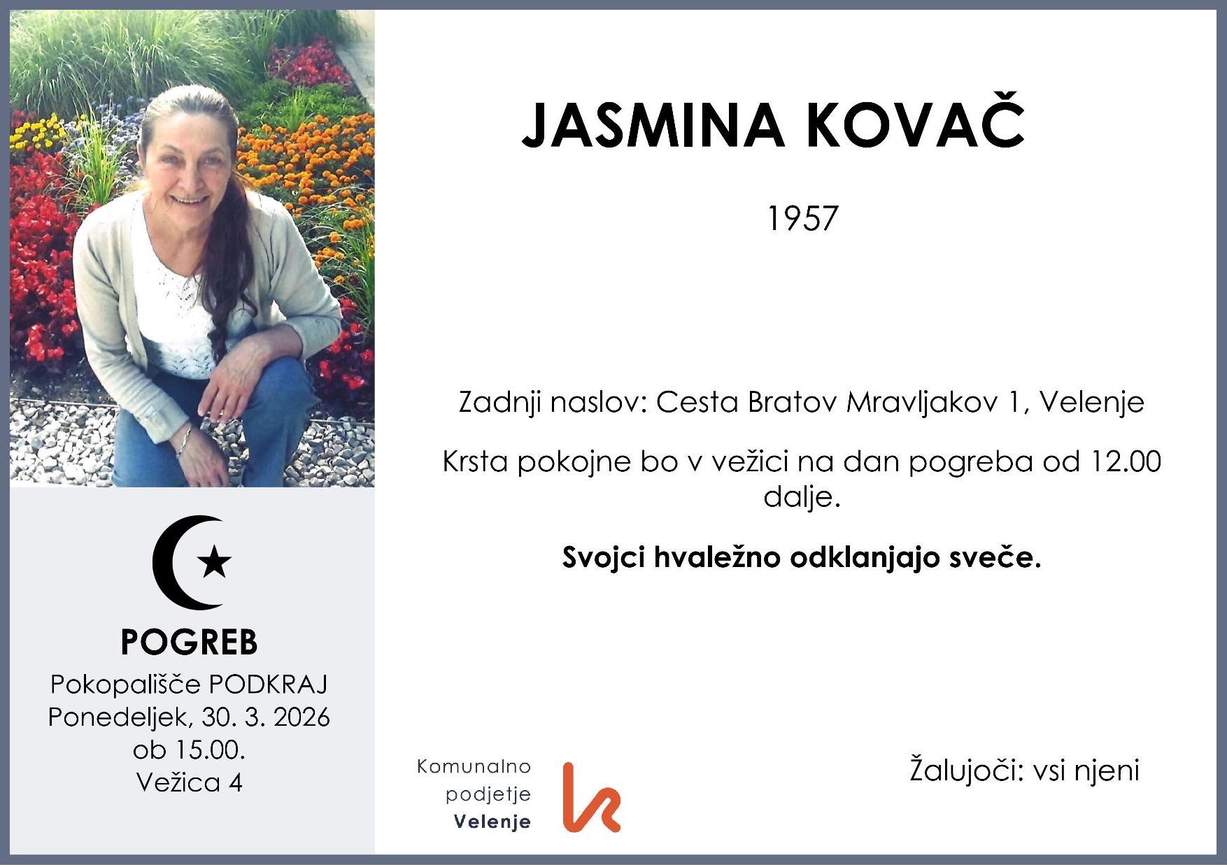 OsmrtnicaKovačJasmina1957 pogreb ponedeljek 30.3.2026 ob 15.00 Podkraj