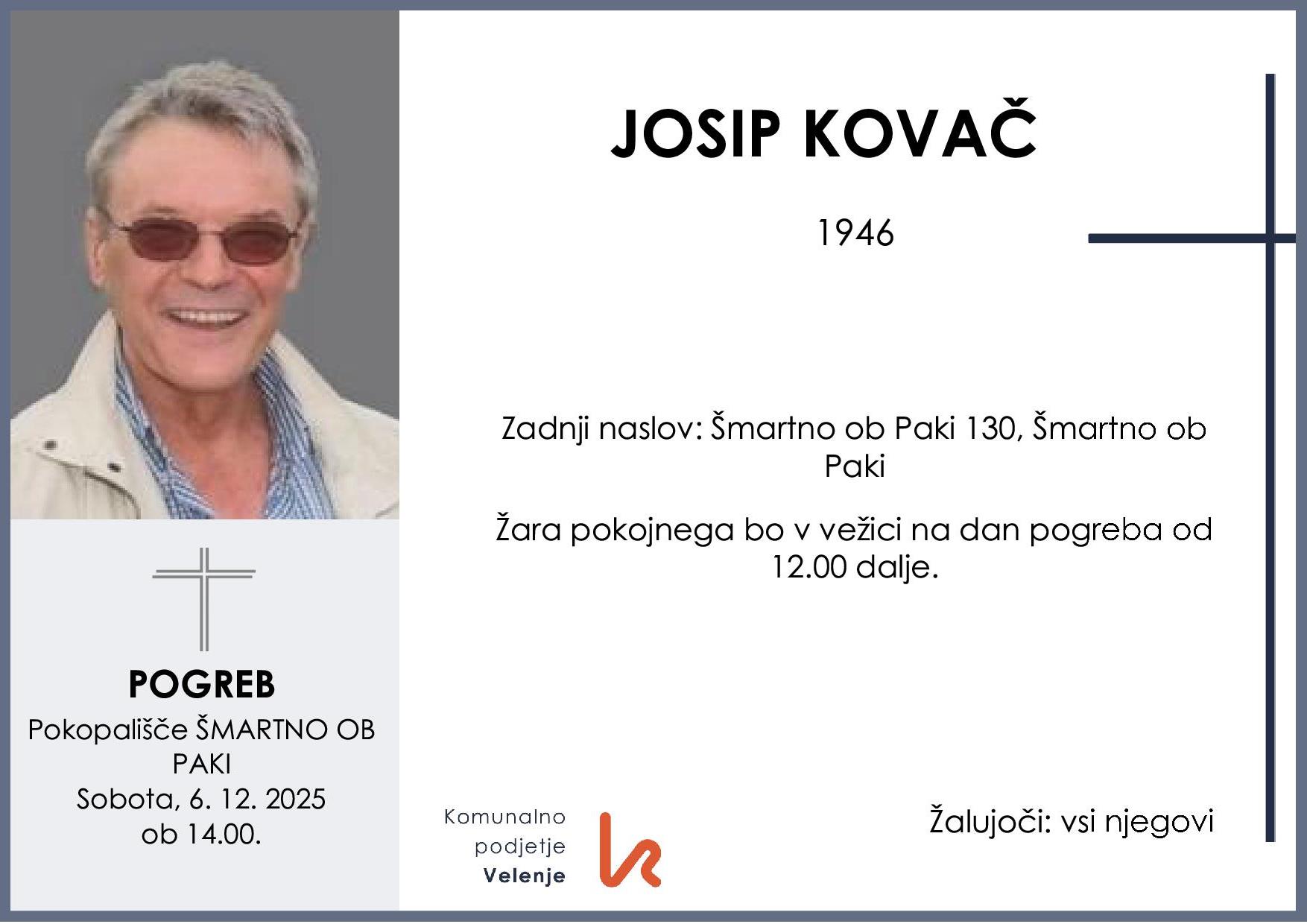 OsmrtnicaKovačJosip1946pogreb sobota 6.12.2025 ob 14.00 Šmartno ob Paki