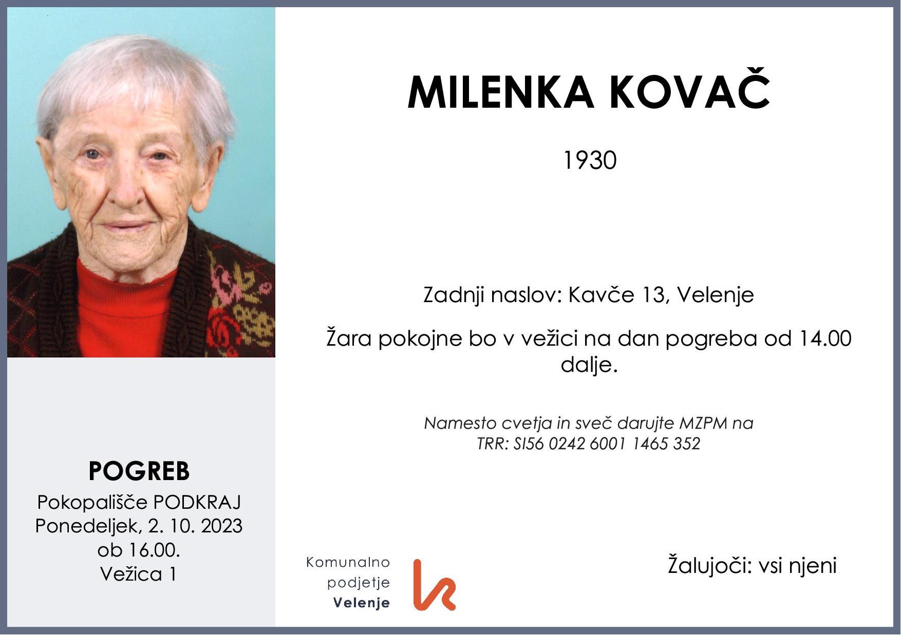 OsmrtnicaKovačMilenka1930 pogreb ponedeljek 2.10.2023 ob 16.00 Podkraj
