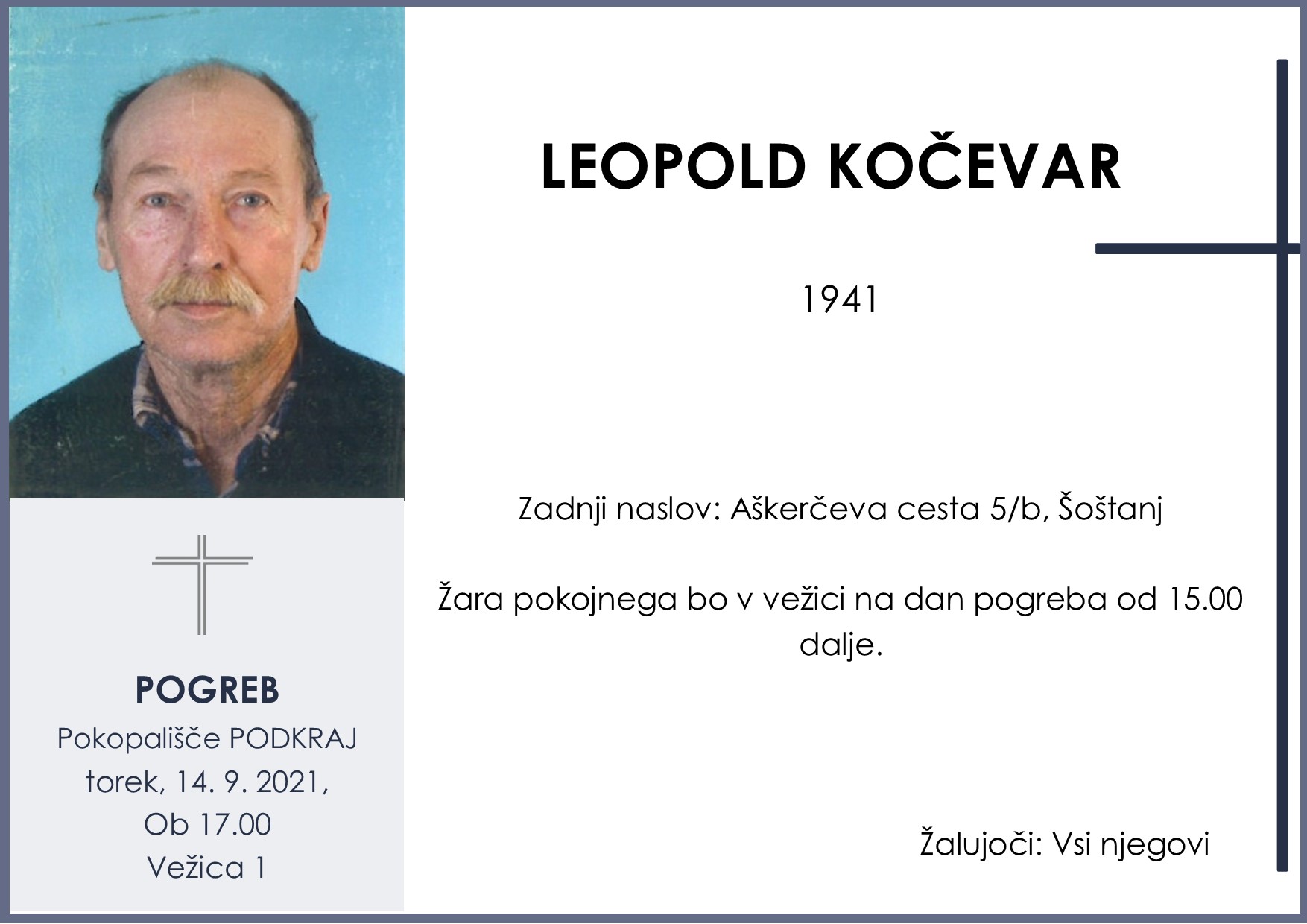 OsmrtnicaKočevarLeopold1941pogreb torek 14.9.2021 ob 17.00 Podkraj