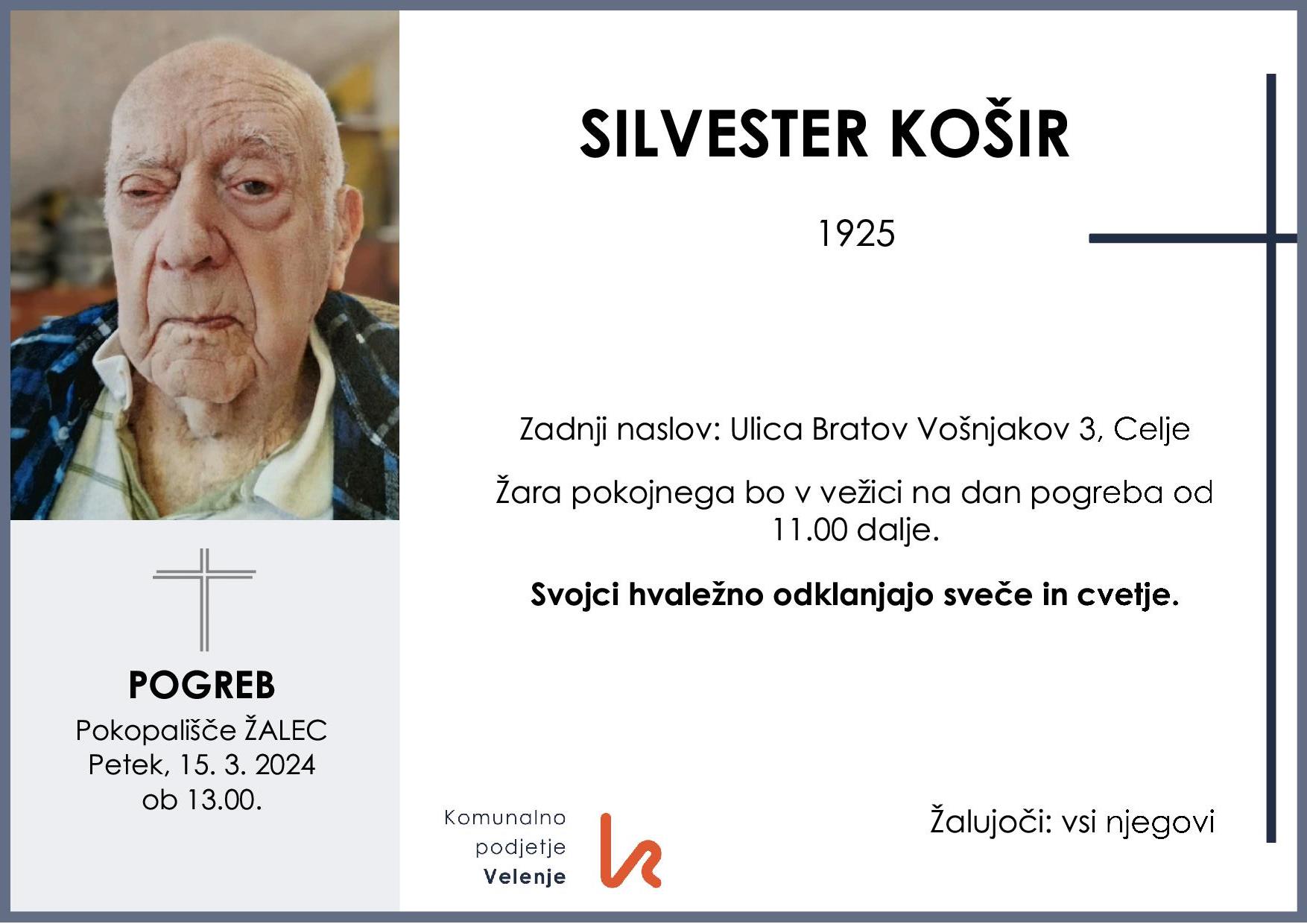 OsmrtnicaKoširSilvester1925pogreb petek 15.3.2024 ob 13.00 Žalec