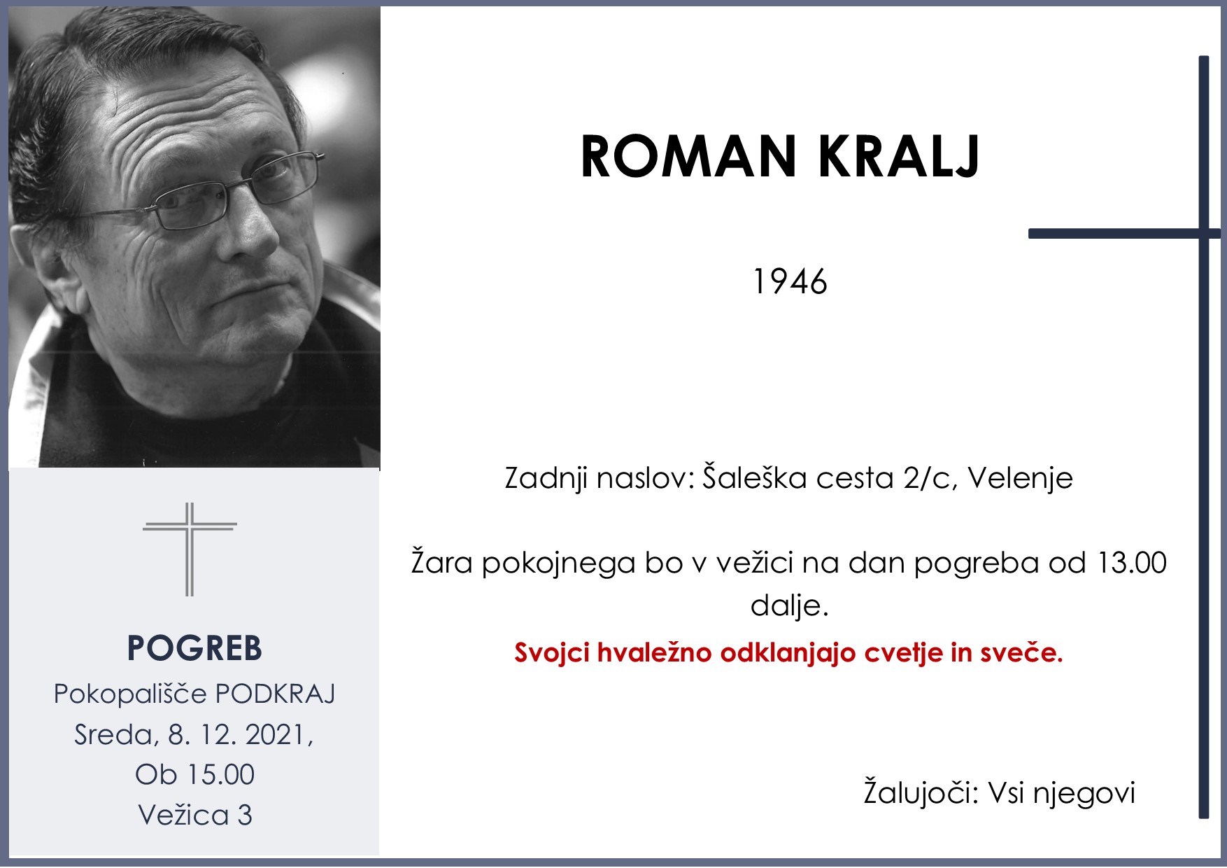 OsmrtnicaKraljRoman1946pogreb sreda 8.12.2021 ob 15.00 Podkraj