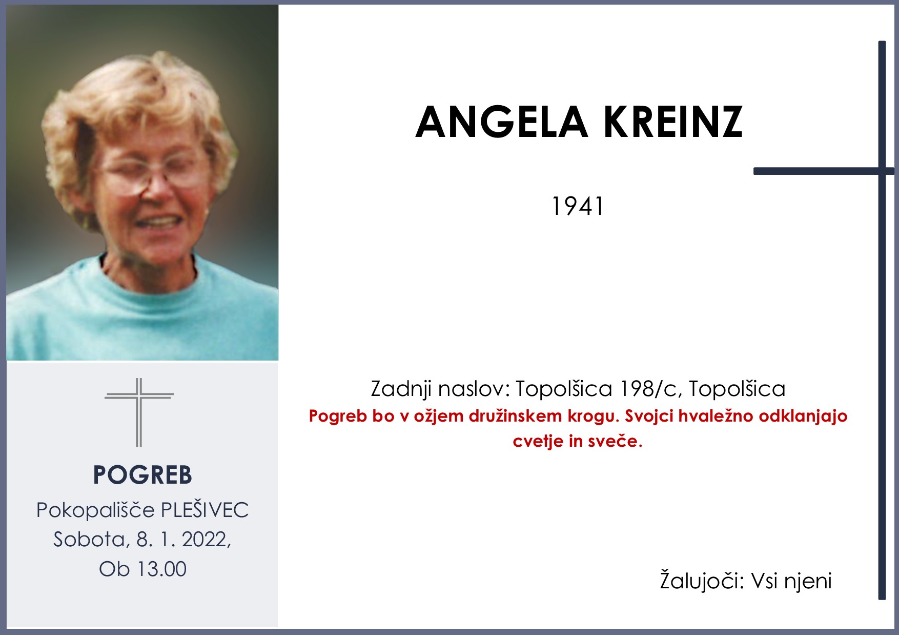 OsmrtnicaKreinzAngela1941 pogreb sobota 8.1.2022 ob 13.00 Plešivec