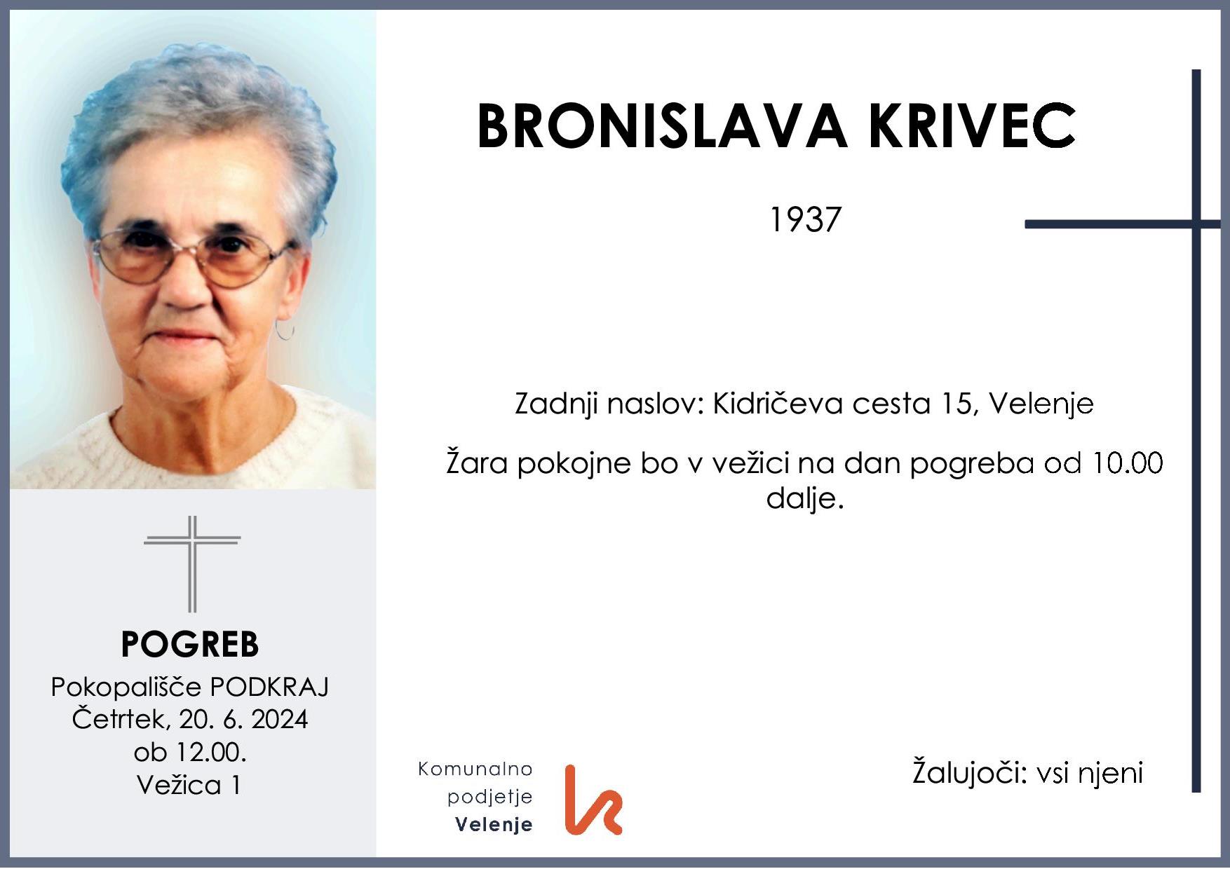OsmrtnicaKrivecBronislava1937pogreb četrtek 20.6.2024 ob 12.00 Podkraj
