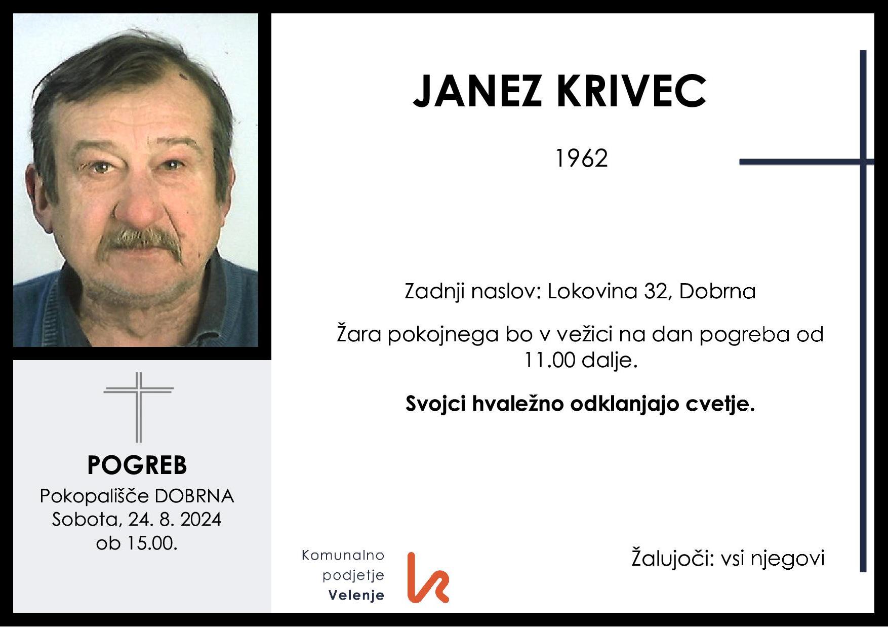 OsmrtnicaKrivecJanez1962 pogreb sobota 24.8.2024 ob 15.00 Dobrna