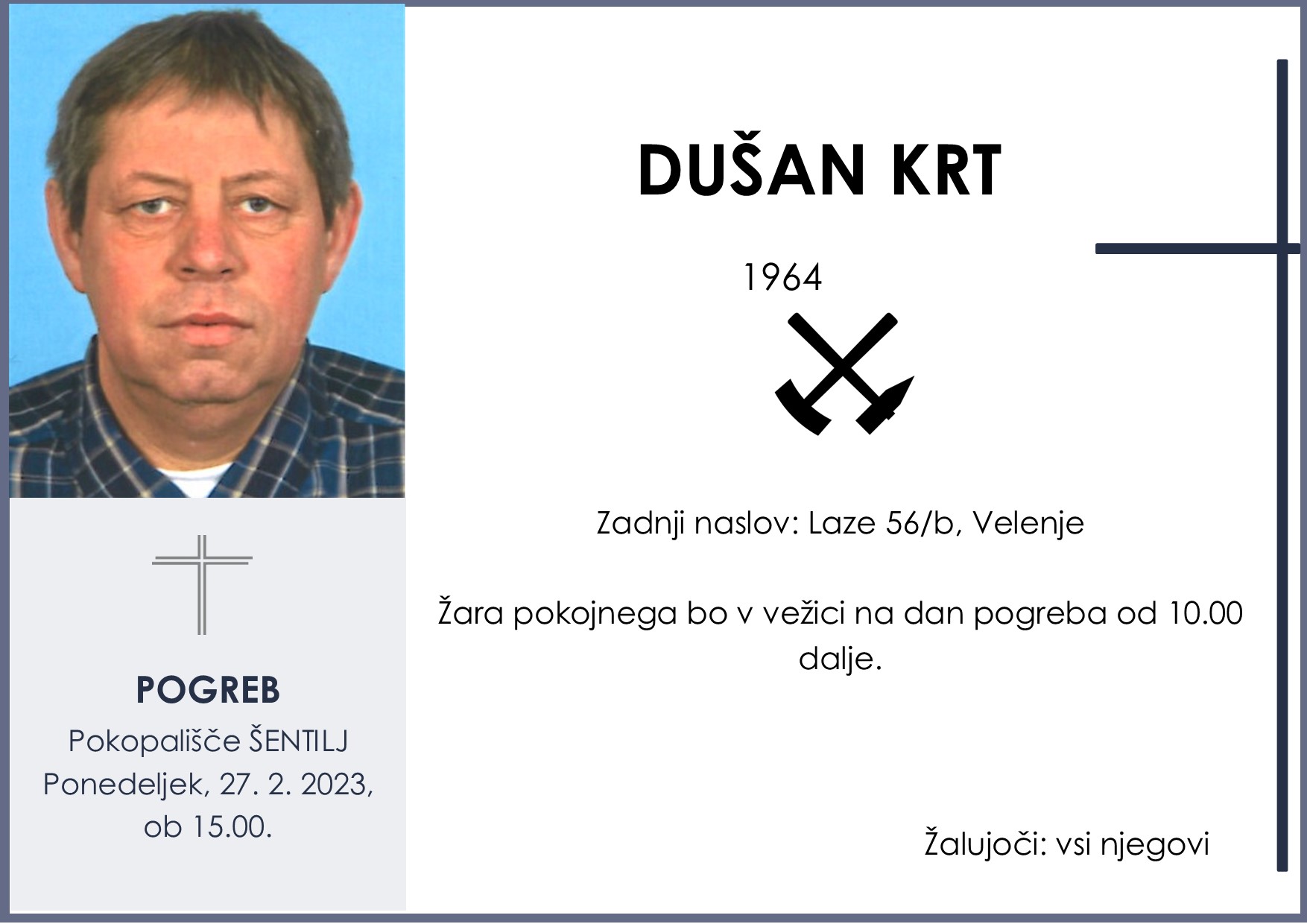 OsmrtnicaKrtDušan1964pogreb ponedeljek 27.2.2023 ob 15.00 Šentilj