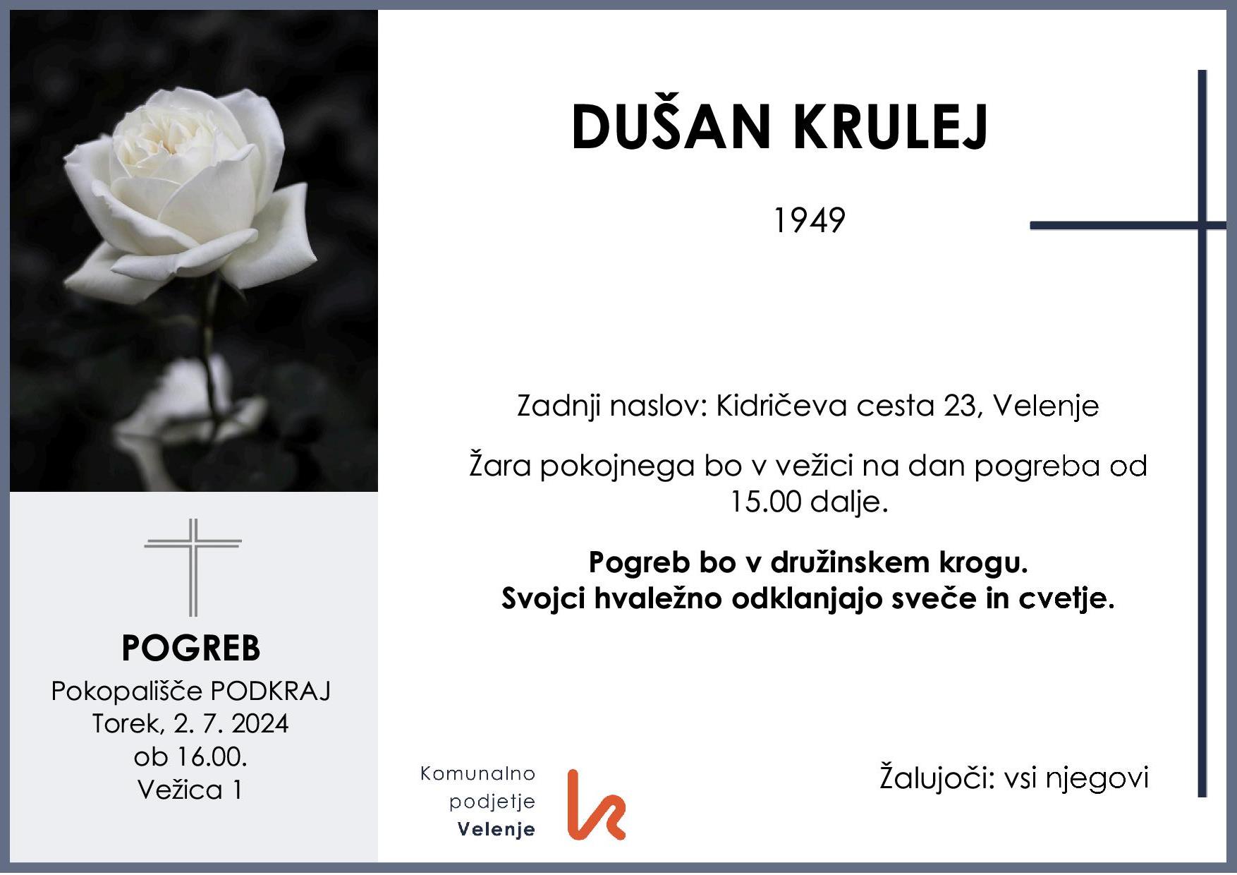 OsmrtnicaKrulejDušan1949 pogreb torek 2.7.2024 ob 16.00 Podkraj