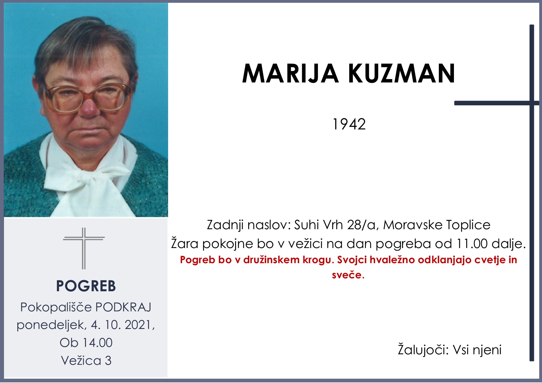 OsmrtnicaKuzmanMarija1942pogreb ponedeljek 4.10.2021 ob 14.00 Podkraj
