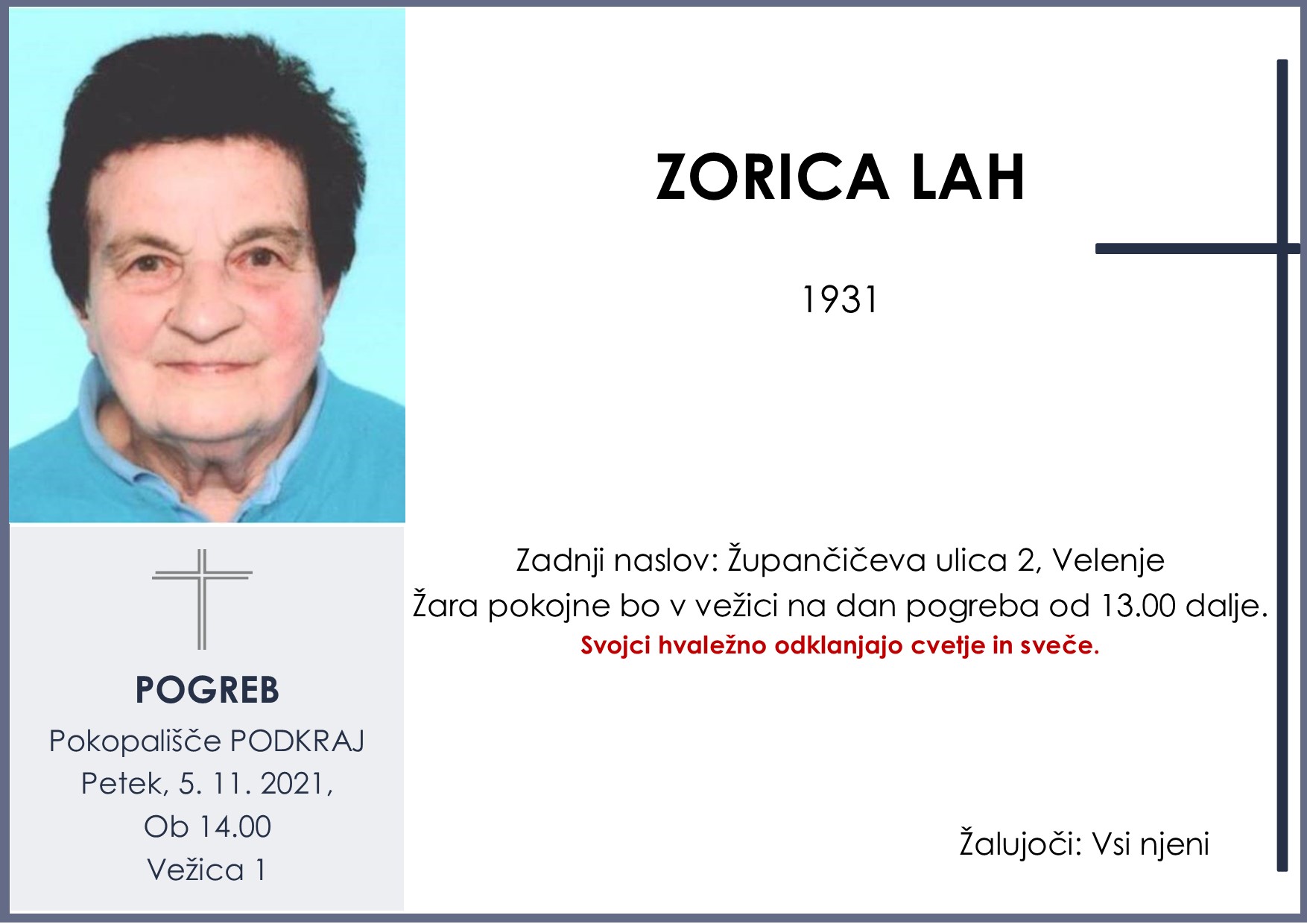 OsmrtnicaLahZorica1931pogreb petek5.11.2021 ob 14.00 Podkraj