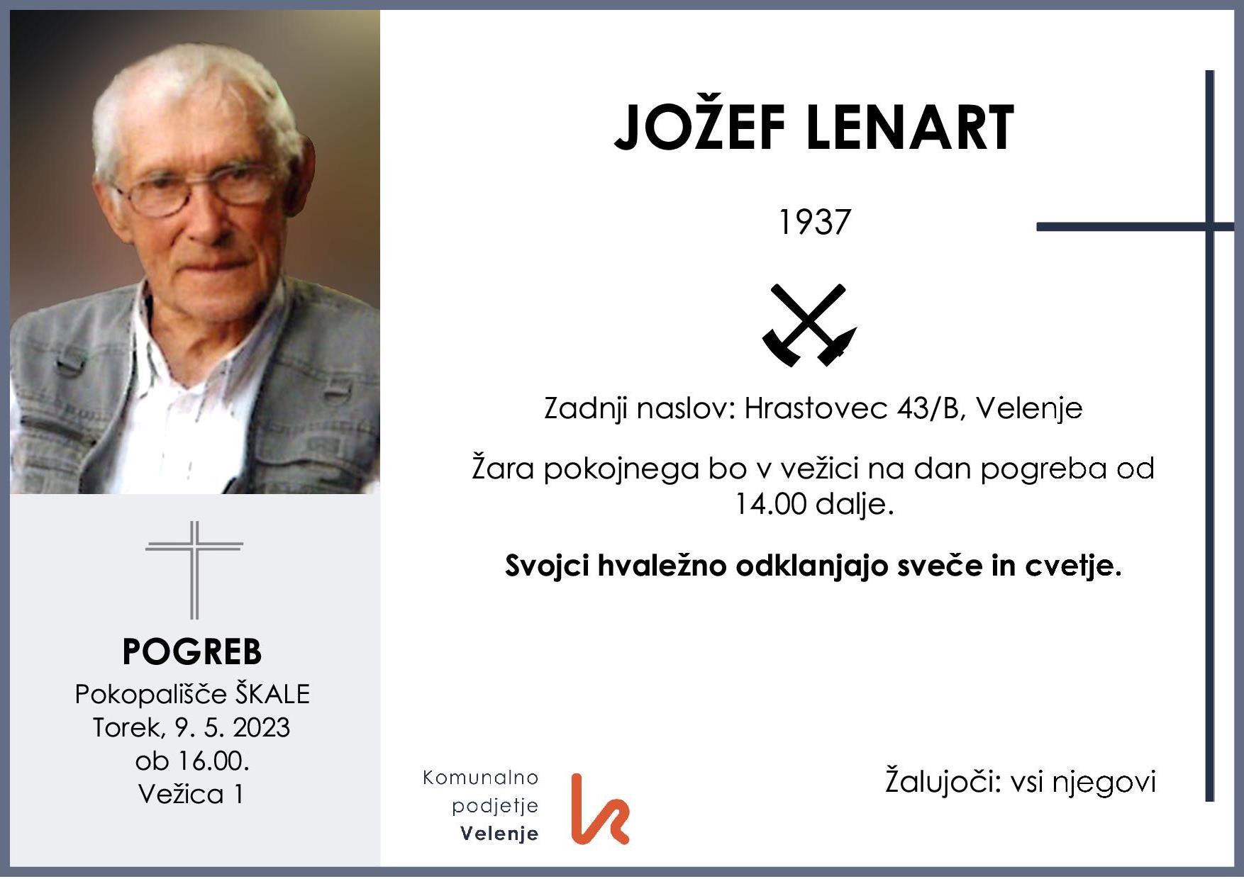 OsmrtnicaLenartJožef1937 pogreb torek, 9.5.2023 ob 16.00 Škale