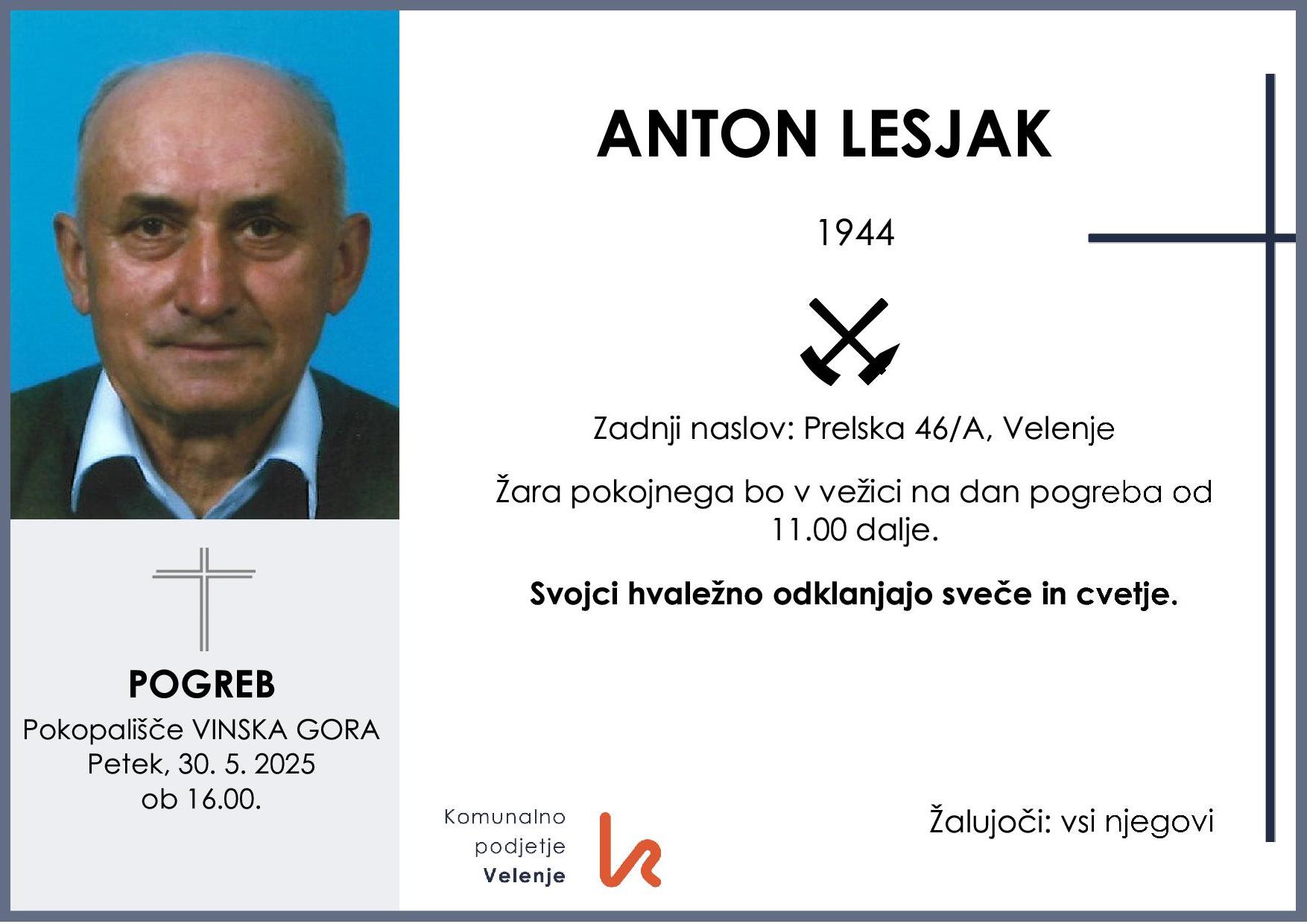OsmrtnicaLesjakAnton1944pogreb petek, 30.5.2025 ob 16.00 Vinska Gora