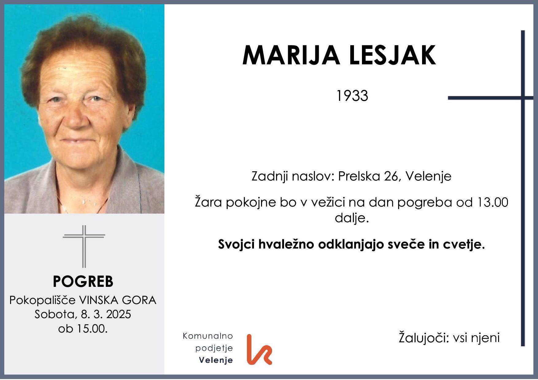 OsmrtnicaLesjakMarija1933 pogreb sobota 8.3.2025 ob 15.00 Vinska Gora