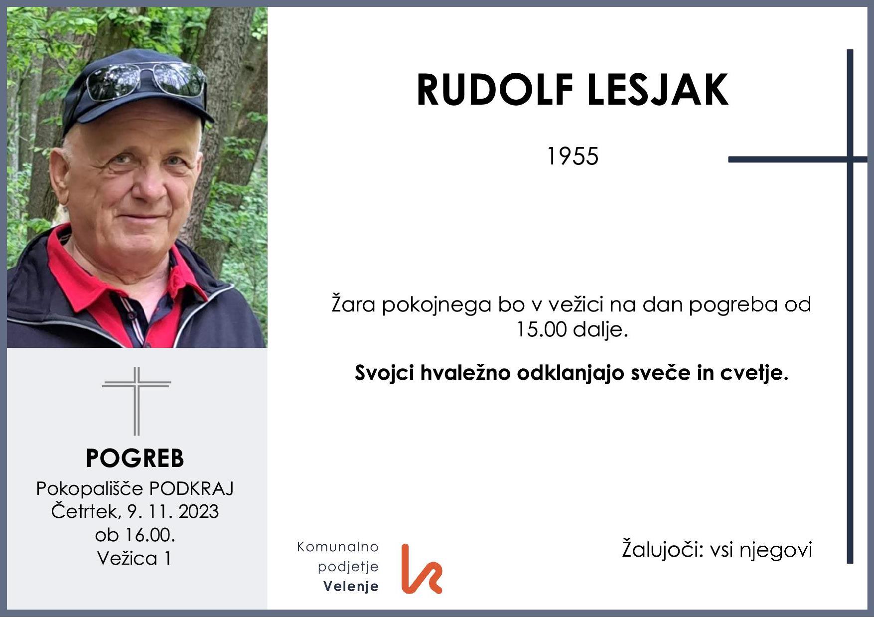 OsmrtnicaLesjakRudolf1955 pogreb četrtek 9.11.2023 ob 16.00 Podkraj