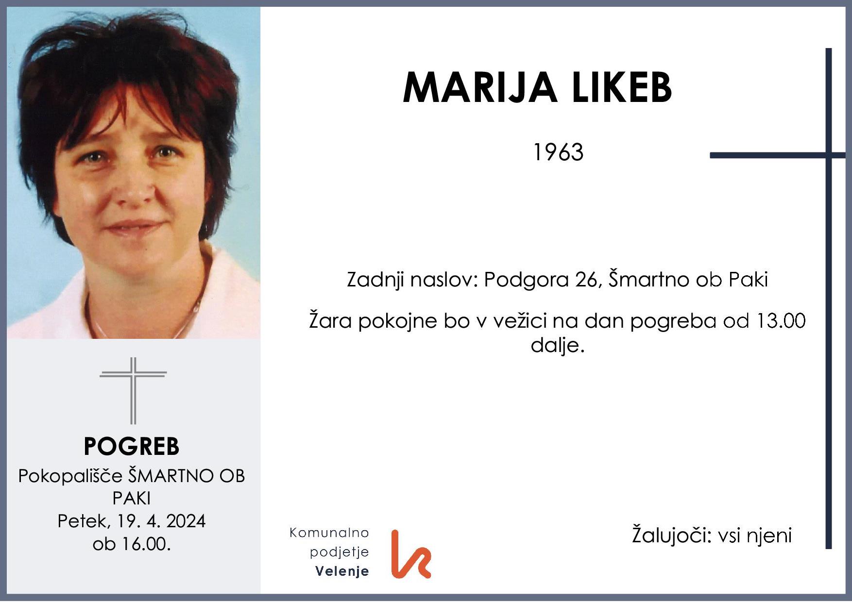 OsmrtnicaLikebMarija1963 pogreb petek 19.4.2024 ob 16.00 Šmartno ob Paki