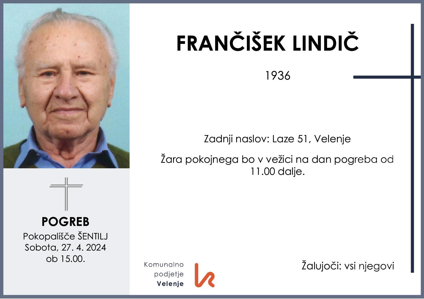 OsmrtnicaLindičFrančišek1936pogreb sobota 27.4.2024 ob 15.00 Šentilj