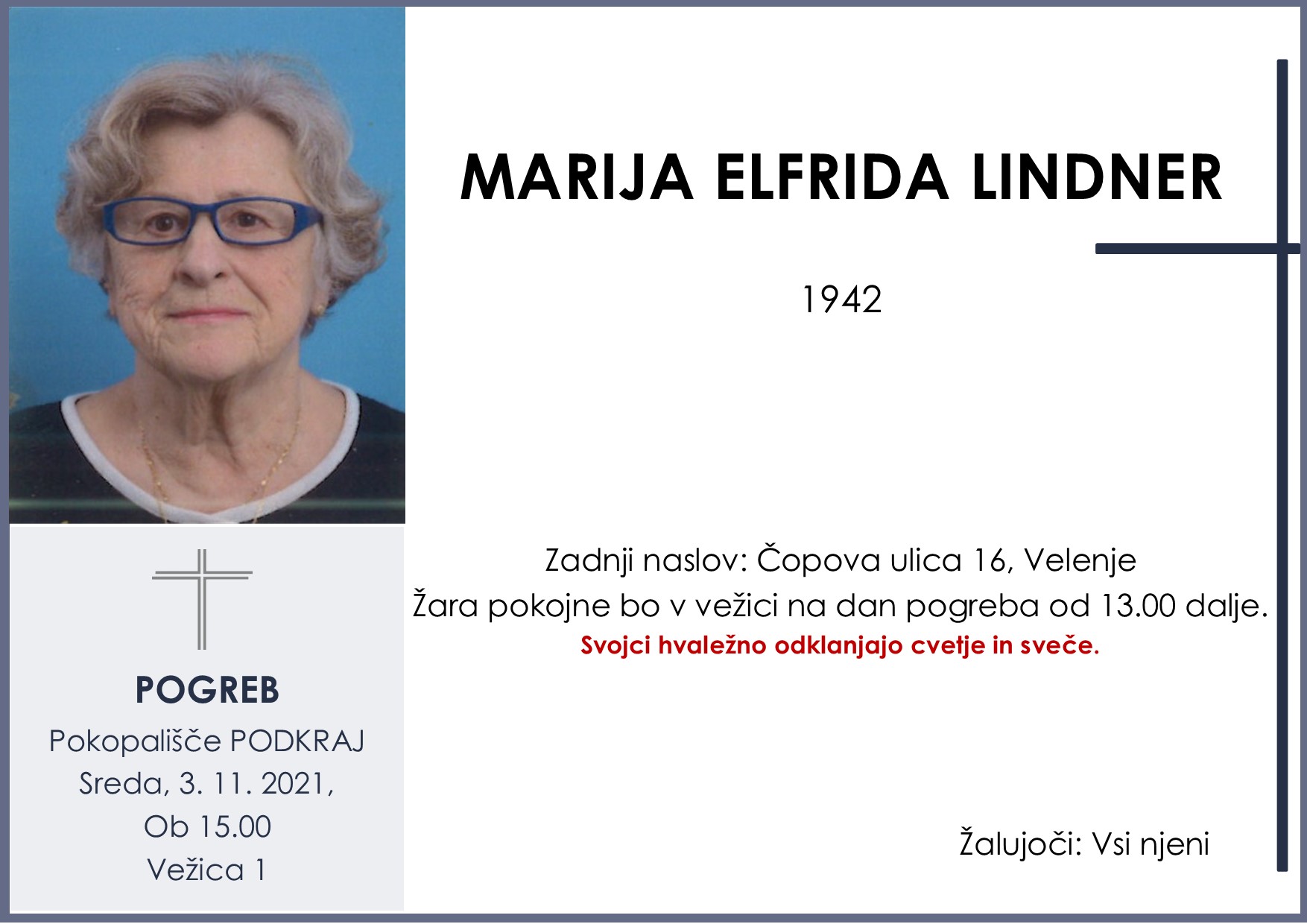 OsmrtnicaLindnerMarija1942pogreb sredo 3.11.2021 ob 15.00 Podkraj