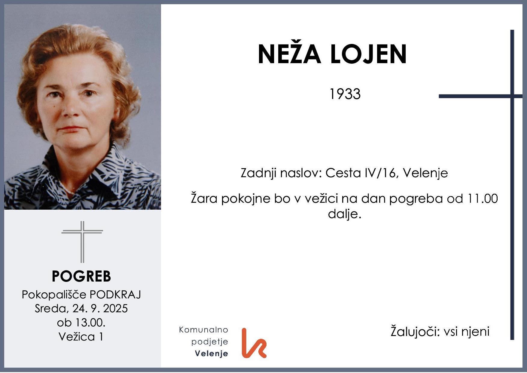 OsmrtnicaLojenNeža1933 pogreb sreda 24.9.2025 ob 13.00 Podkraj
