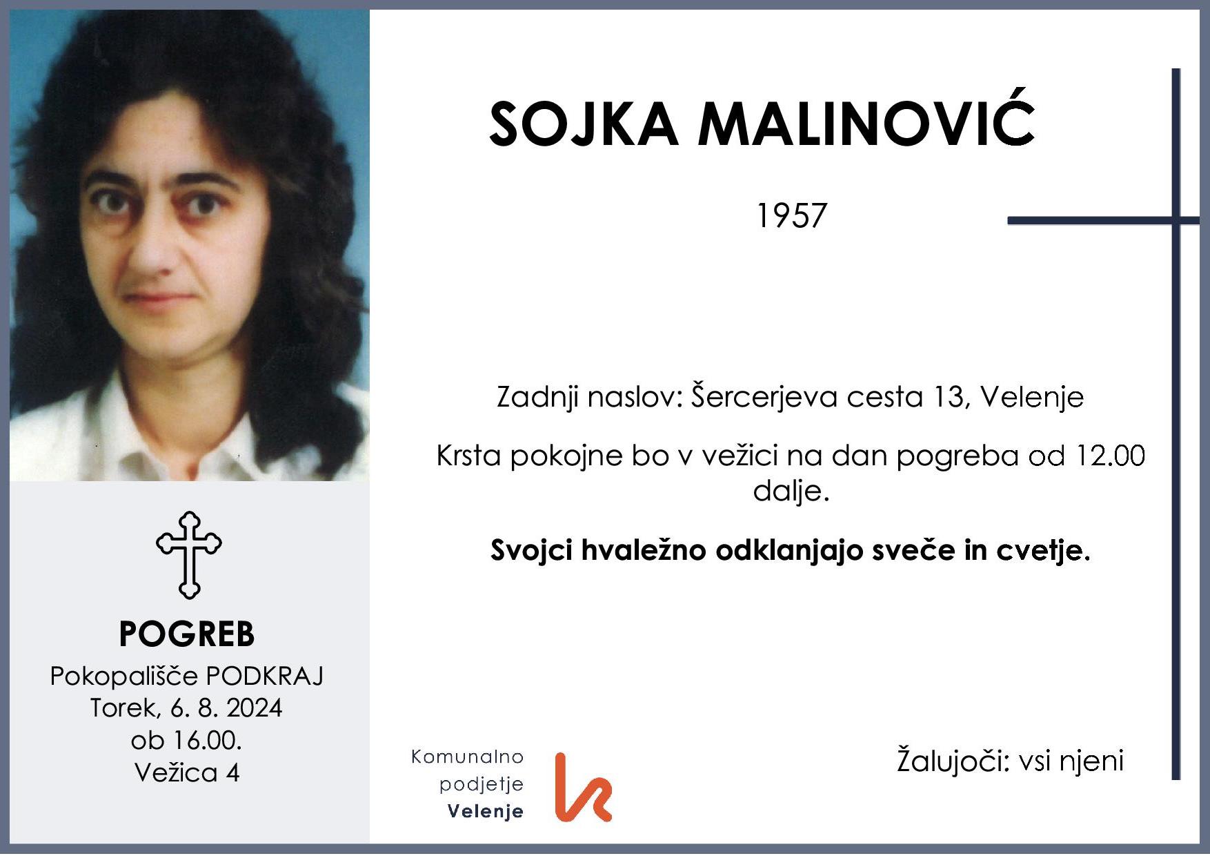 OsmrtnicaMalinovićSojka1957 pogreb torek 6.8.2024 ob 16.00 Podkraj
