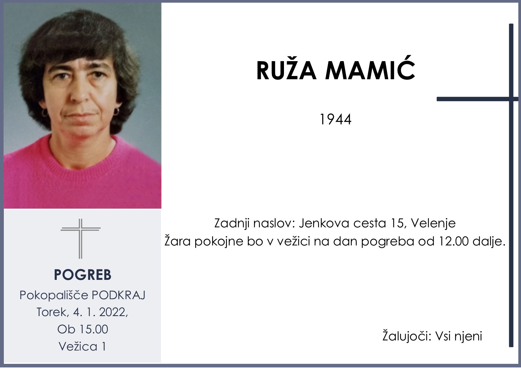 OsmrtnicaMamićRuža1944 pogreb torek 4.1.2022 ob 15.00 Podkraj