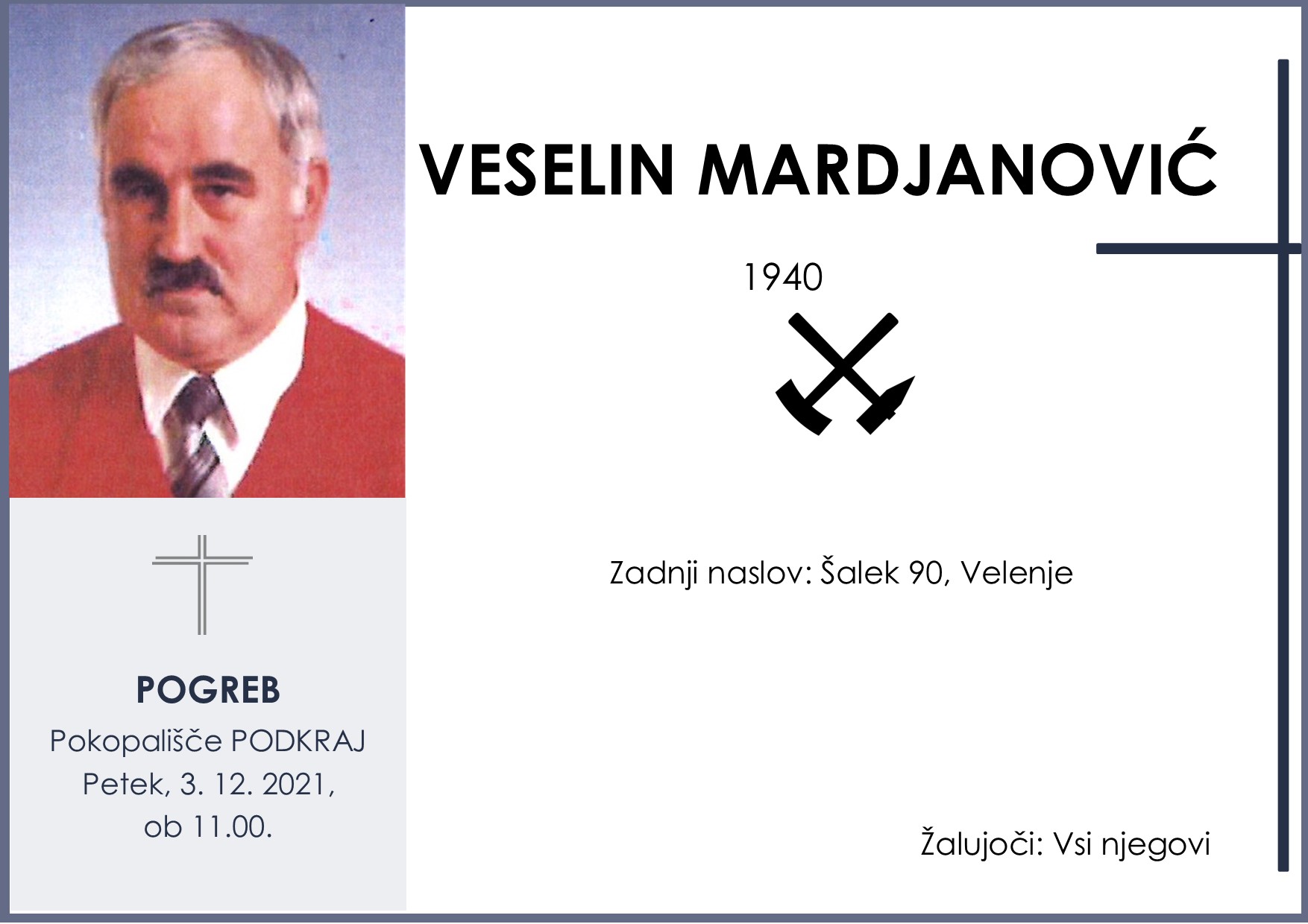 OsmrtnicaMardjanovićVeselin1940pogreb petek 3.12.2021 ob 11.00 Podkraj