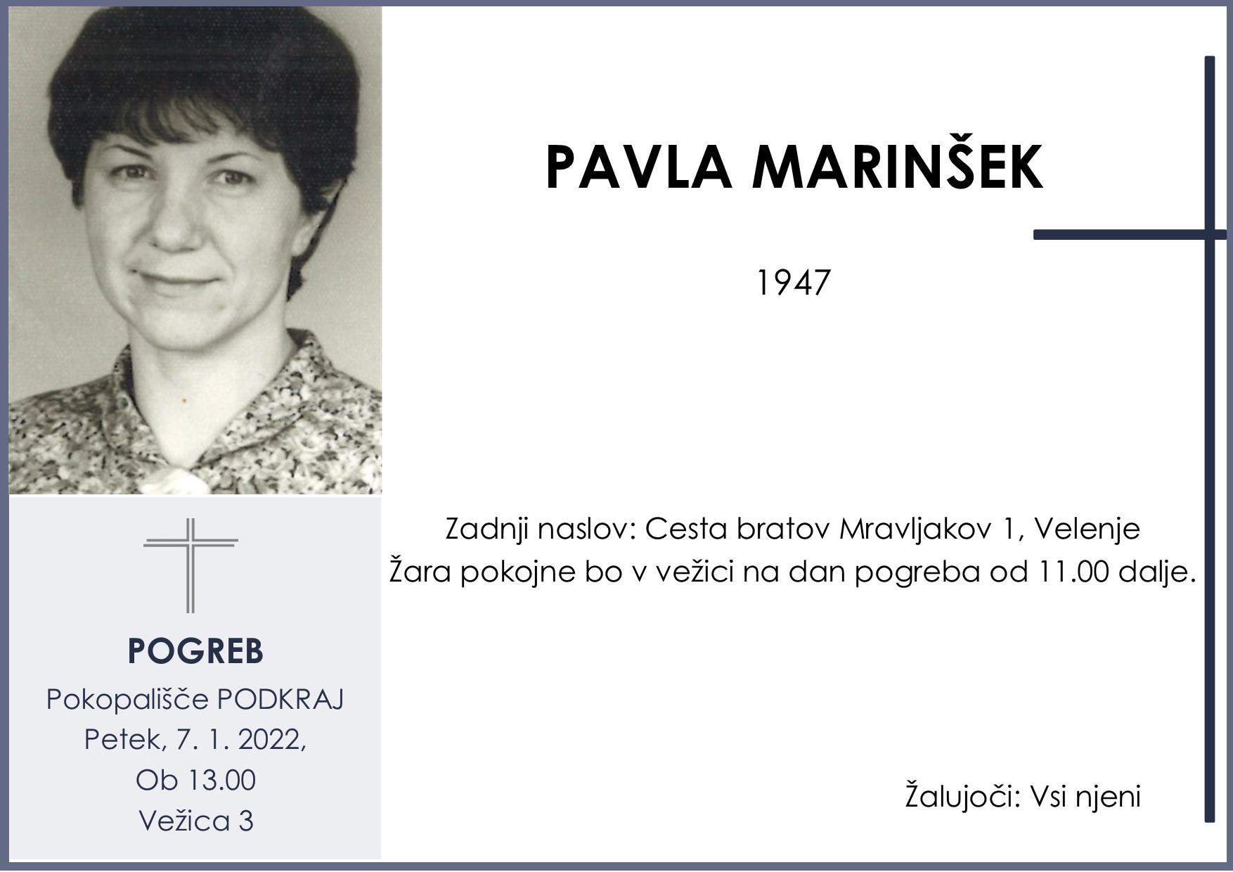 OsmrtnicaMarinšekPavla1947pogreb petek 7.1.2022 ob 13.00