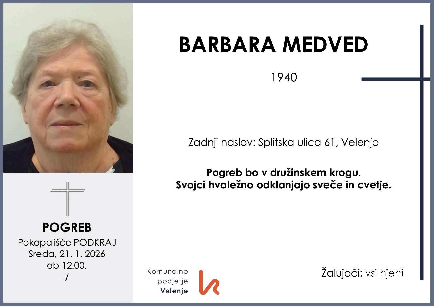 OsmrtnicaMedvedBarbara1940 pogreb sreda 21.1.2026 ob 12.00 Podkraj