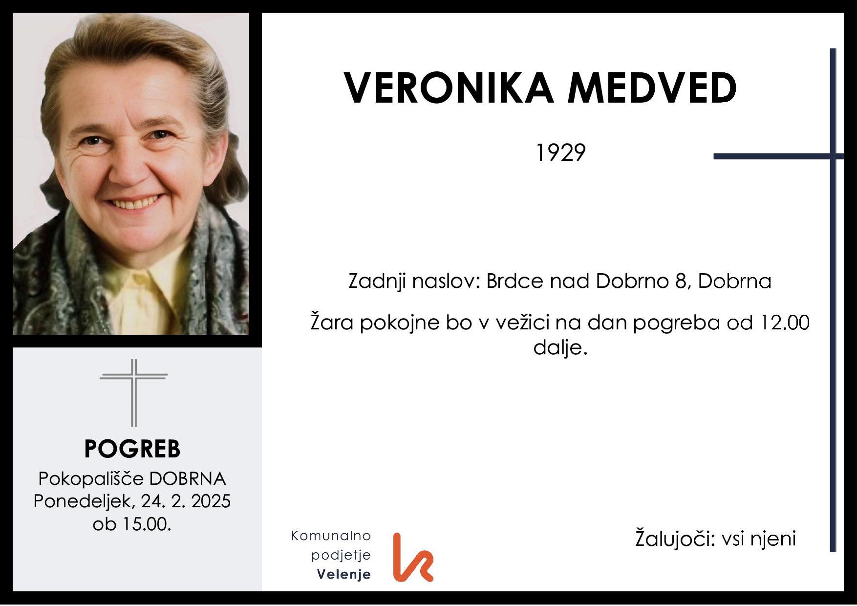 OsmrtnicaMedvedVeronika1929 pogreb ponedeljek 24.2.2025 ob 15.00 Dobrna