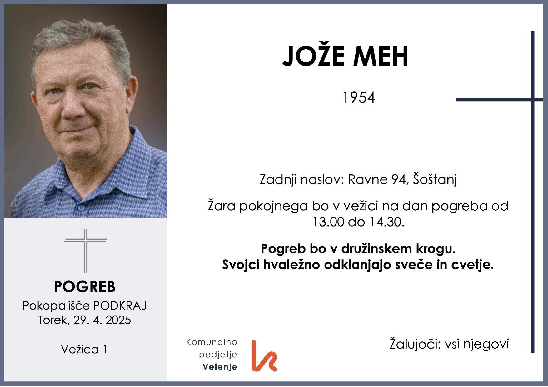 OsmrtnicaMehJože1954pogreb torek 29.4.2025 Podkraj