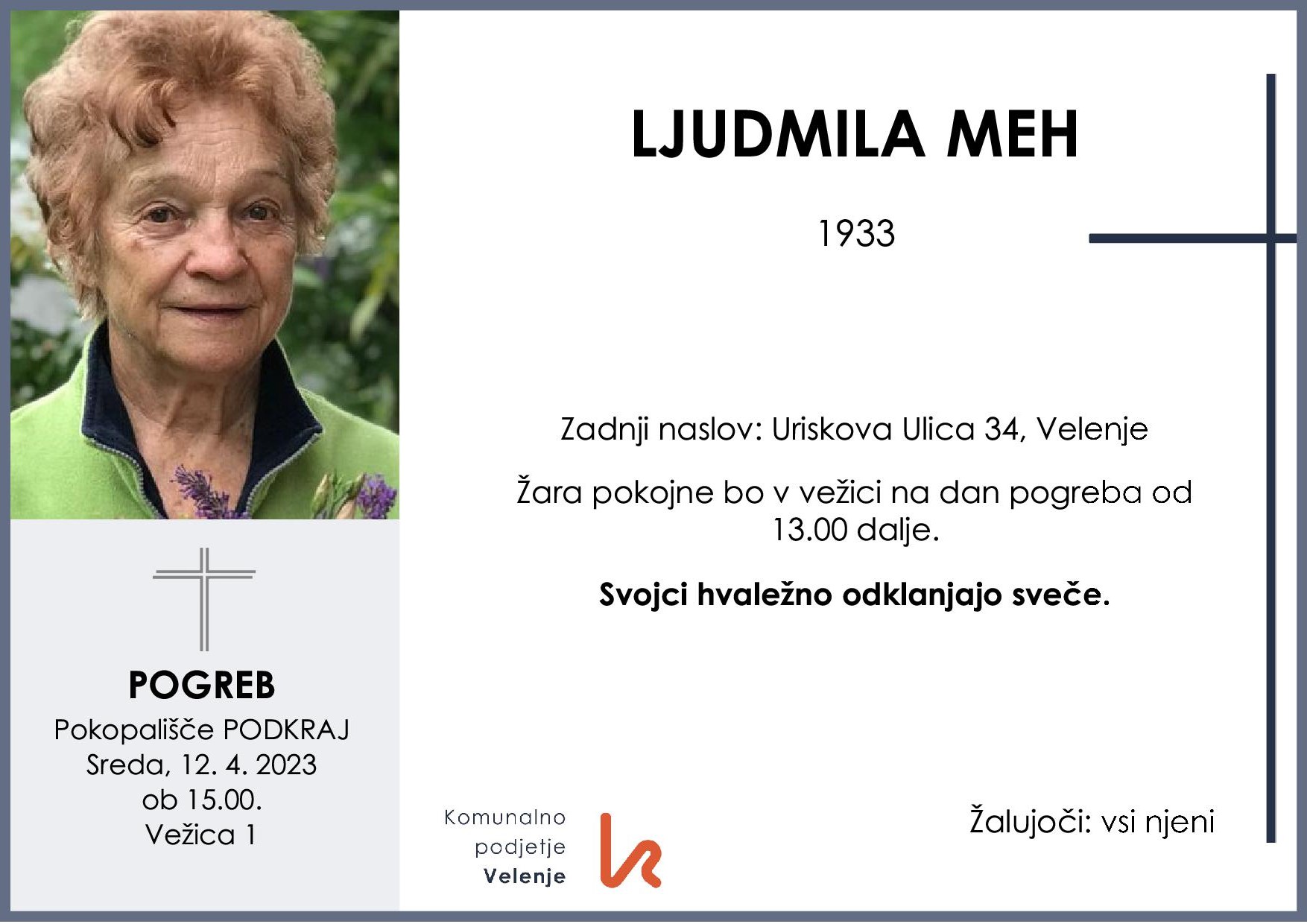 OsmrtnicaMehLjudmila1931pogreb sreda 12.4.2023 ob 15.00 Podkraj