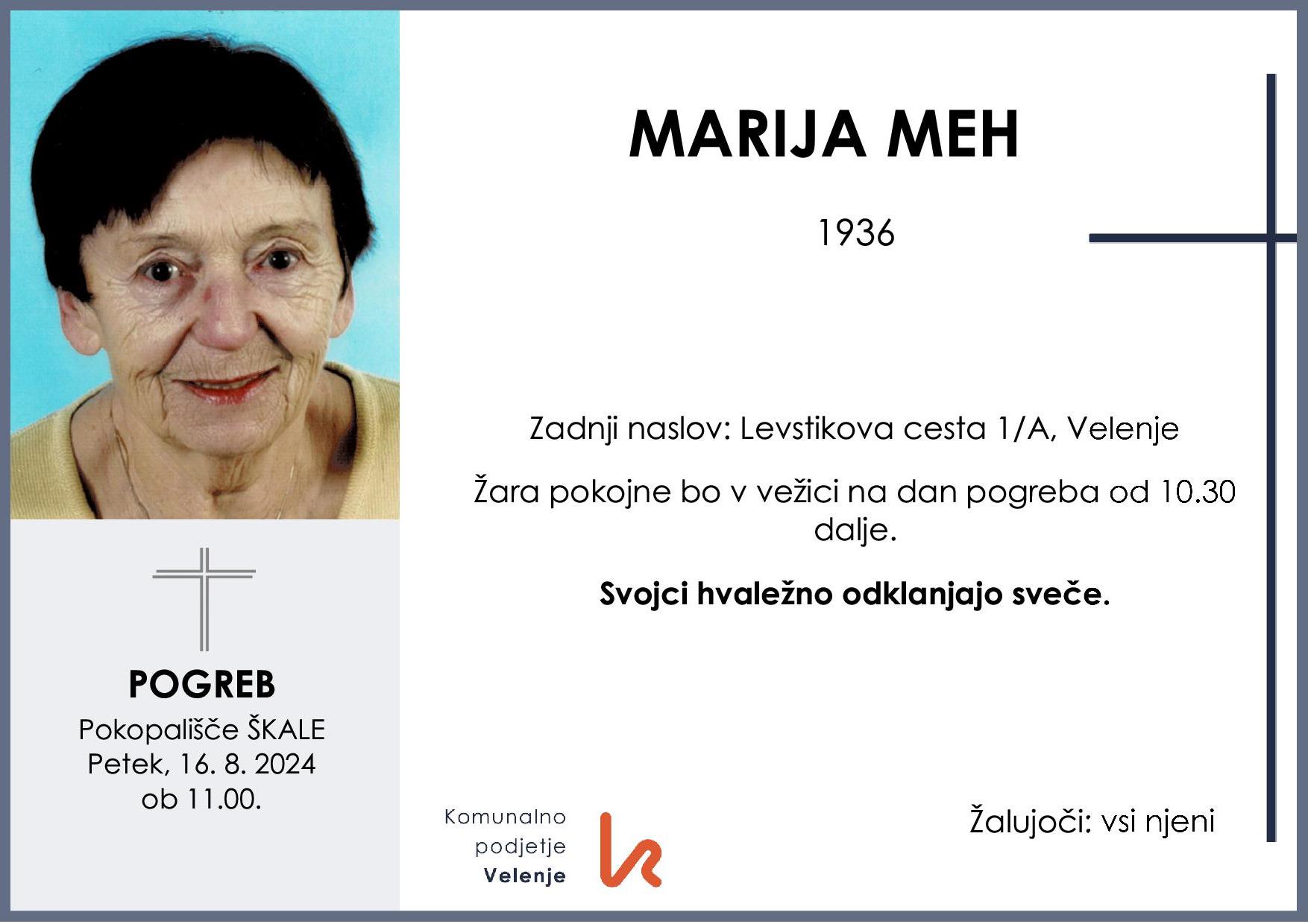 OsmrtnicaMehMarija1936 pogreb petek 16.8.2024 ob 11.00 Škale