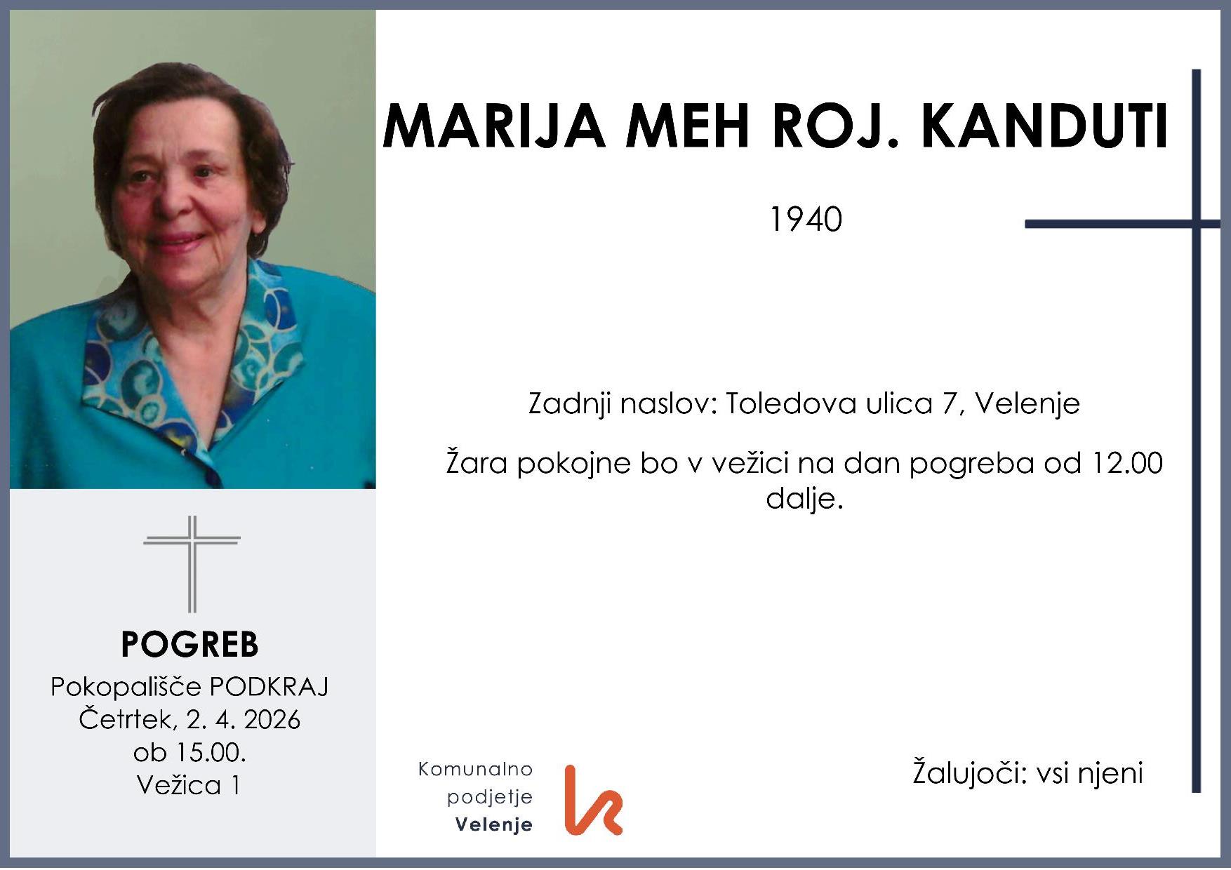 OsmrtnicaMehMarija1940 pogreb četrtek, 2.4.2026 ob 15.00 Podkraj