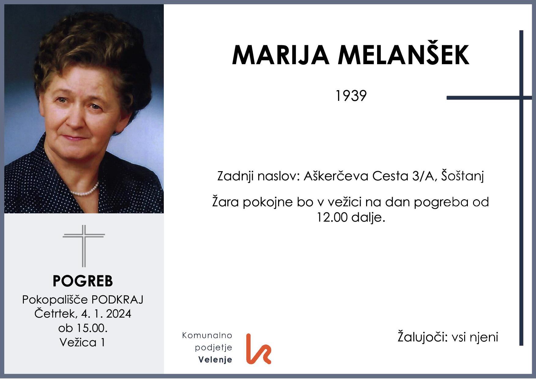 OsmrtnicaMelanšekMarija1939 pogreb četrtek, 4.1.2024 ob 15.00 Podkraj