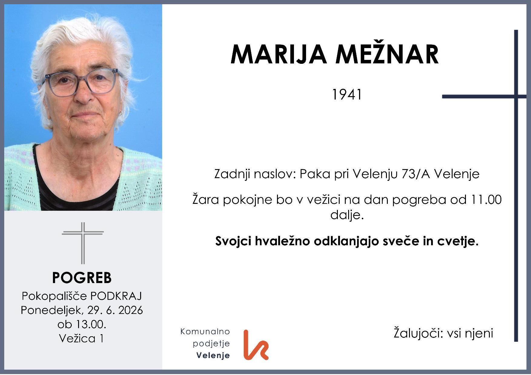 OsmrtnicaMežnarMarija1941 pogreb ponedeljek 29.6.2026 Podkraj