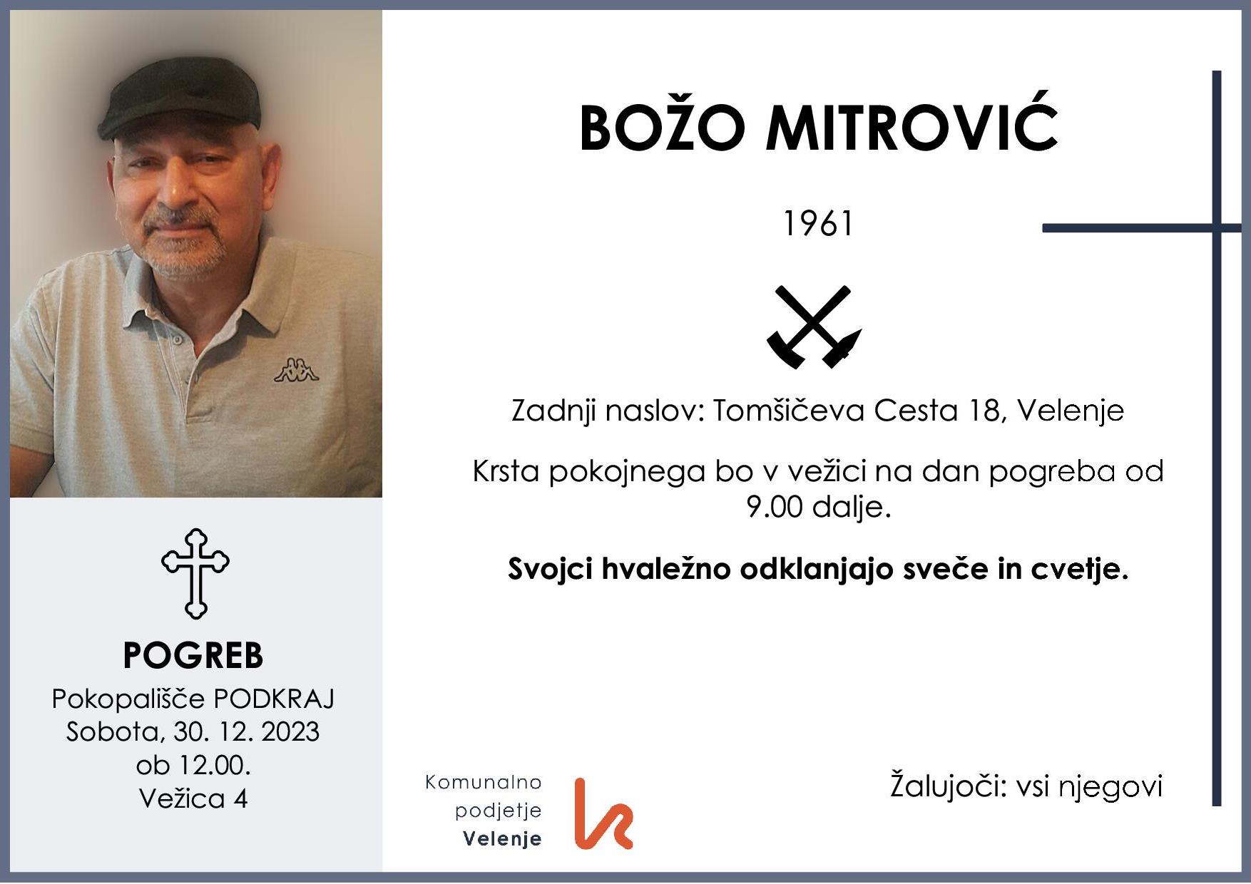 OsmrtnicaMitrovićBožo1961 pogreb sobota 30.12.2023 ob 12.00 Podkraj