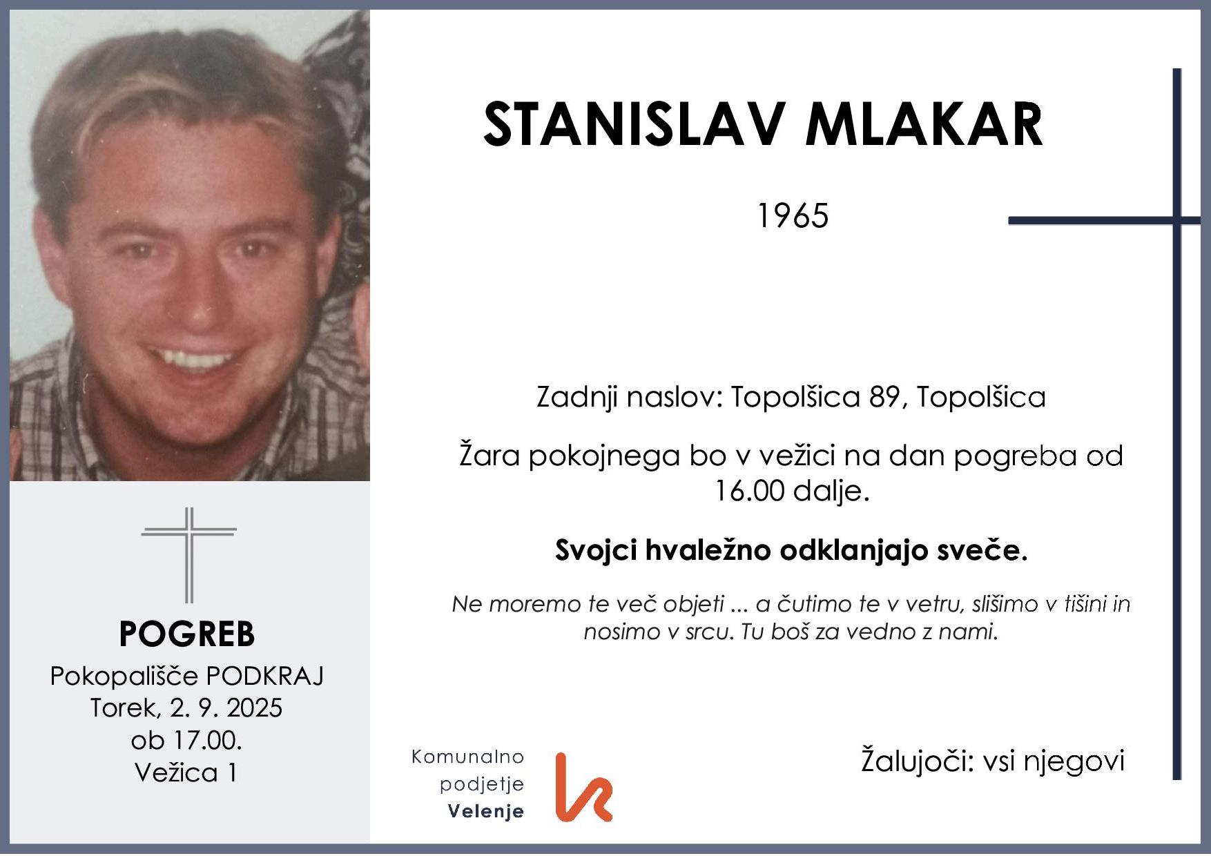 OsmrtnicaMlakarStanislav1965 pogreb torek 2.9.2025 ob 17.00 Podkraj
