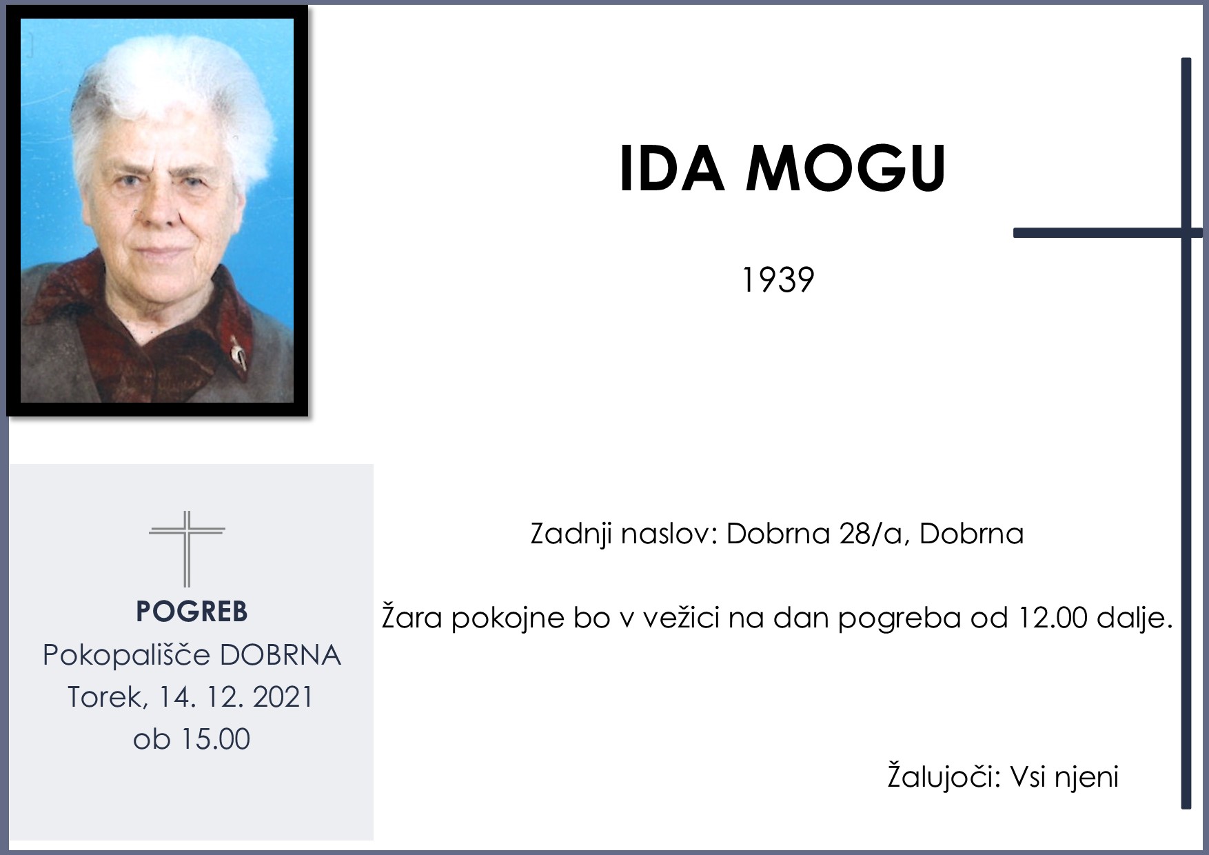 OsmrtnicaMoguIda1939pogreb torek 14.12.2021 ob 15.00 Dobrna