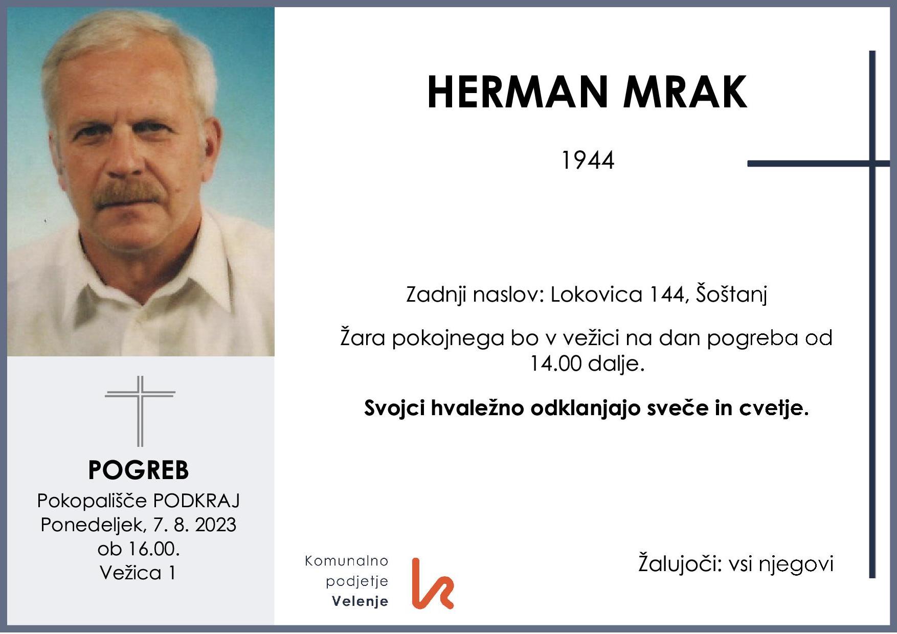 OsmrtnicaMrakHerman1944 pogreb ponedeljek 7.8.2023 ob 16.00 Podkraj