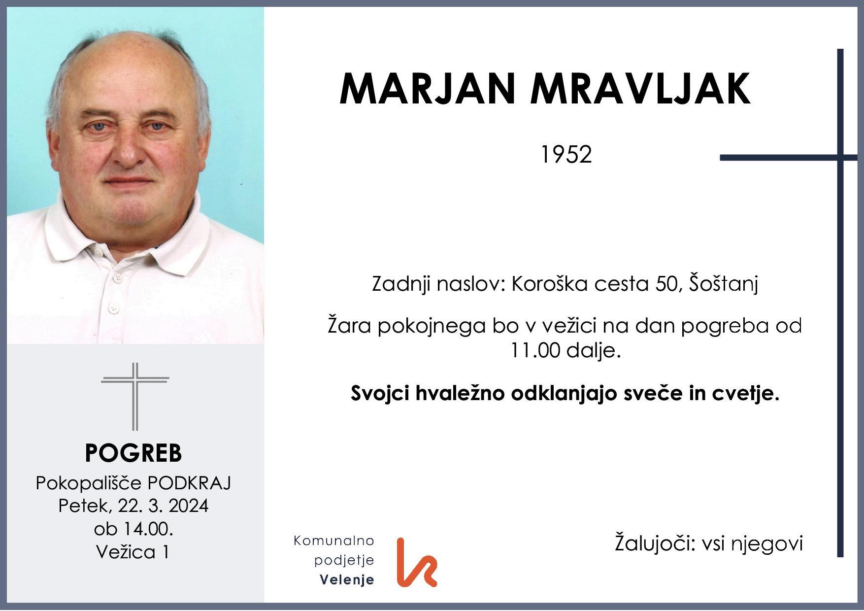 OsmrtnicaMravljakMarjan1952 pogreb petek 22.3.2024 ob 14.00 Podkraj