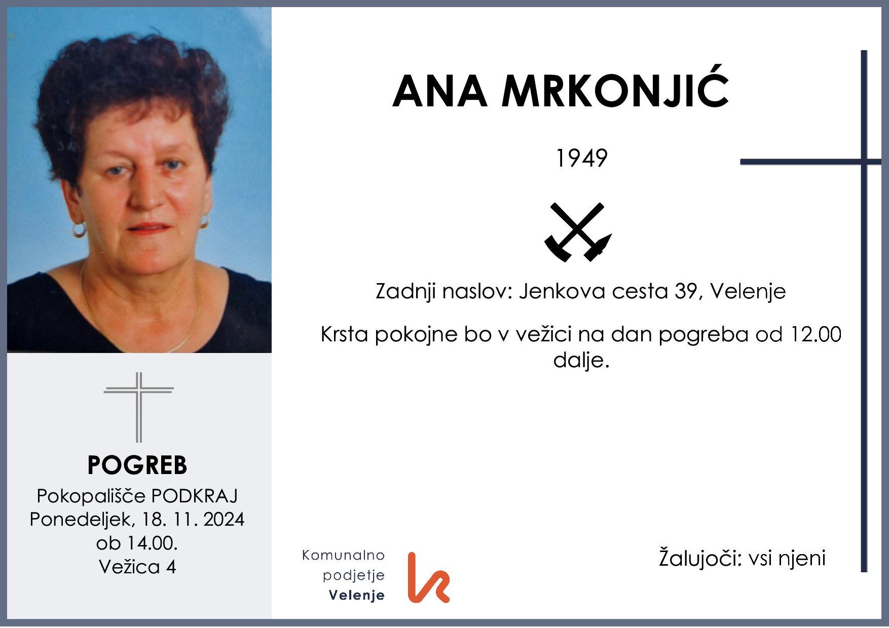 OsmrtnicaMrkonjićAna1949pogreb ponedeljek 18.11.2024 ob 14.00 Podkraj
