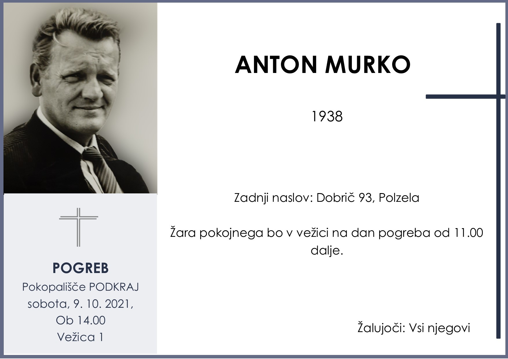 OsmrtnicaMurkoAnton1938pogreb sobota 9.10.2021 ob 14.00 Podkraj