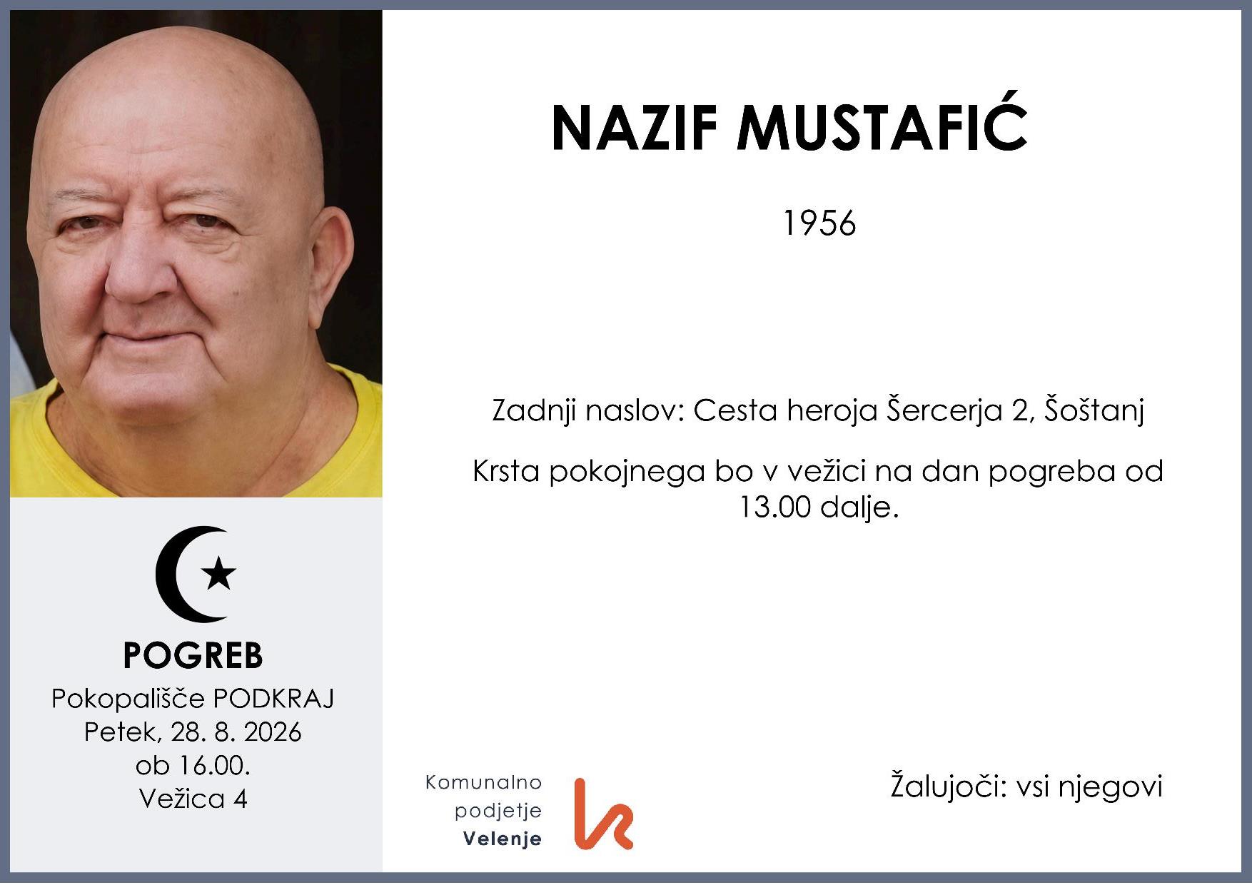 OsmrtnicaMustafićNazif1956 pogreb petek 28.8.2026 ob 16.00 Podkraj