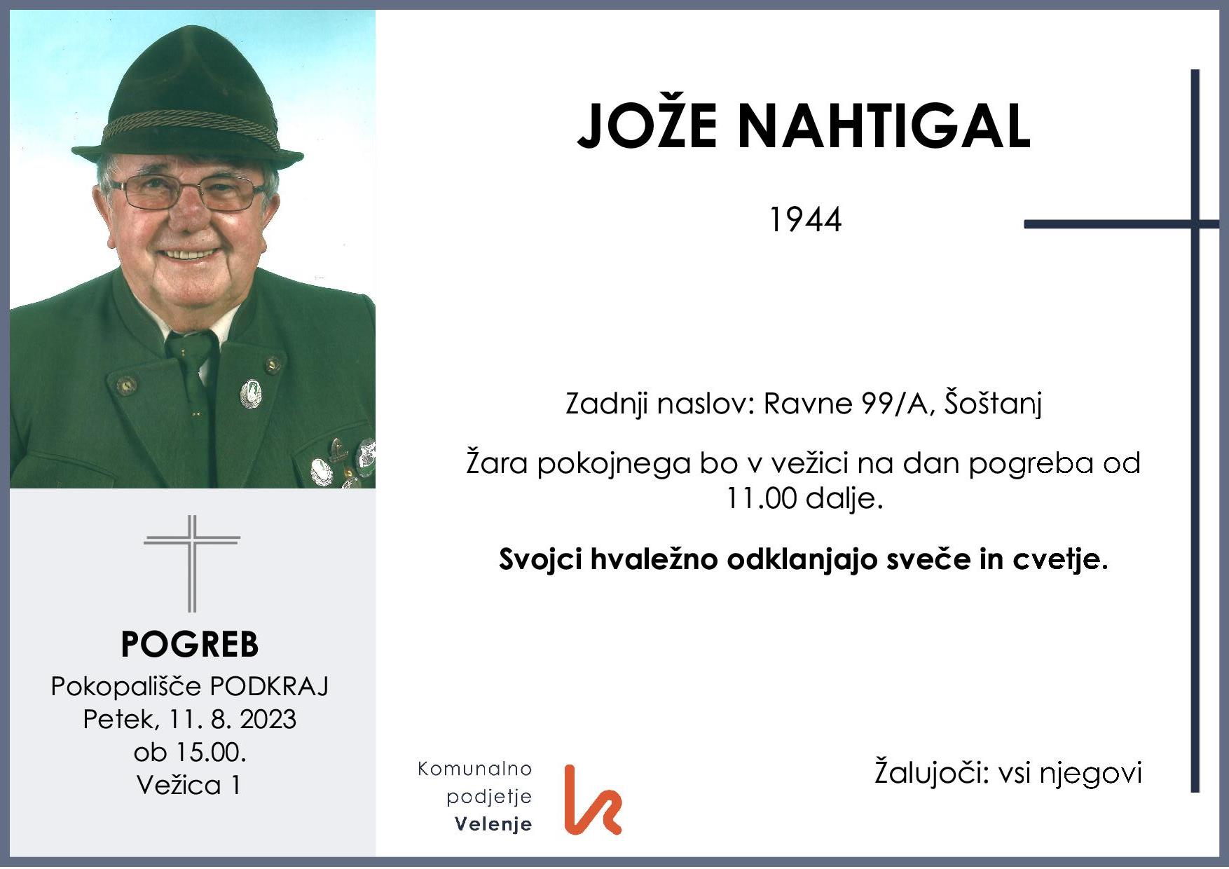 OsmrtnicaNahtigalJože1944 pogreb petek 11.8.2023 ob 15.00 Podkraj