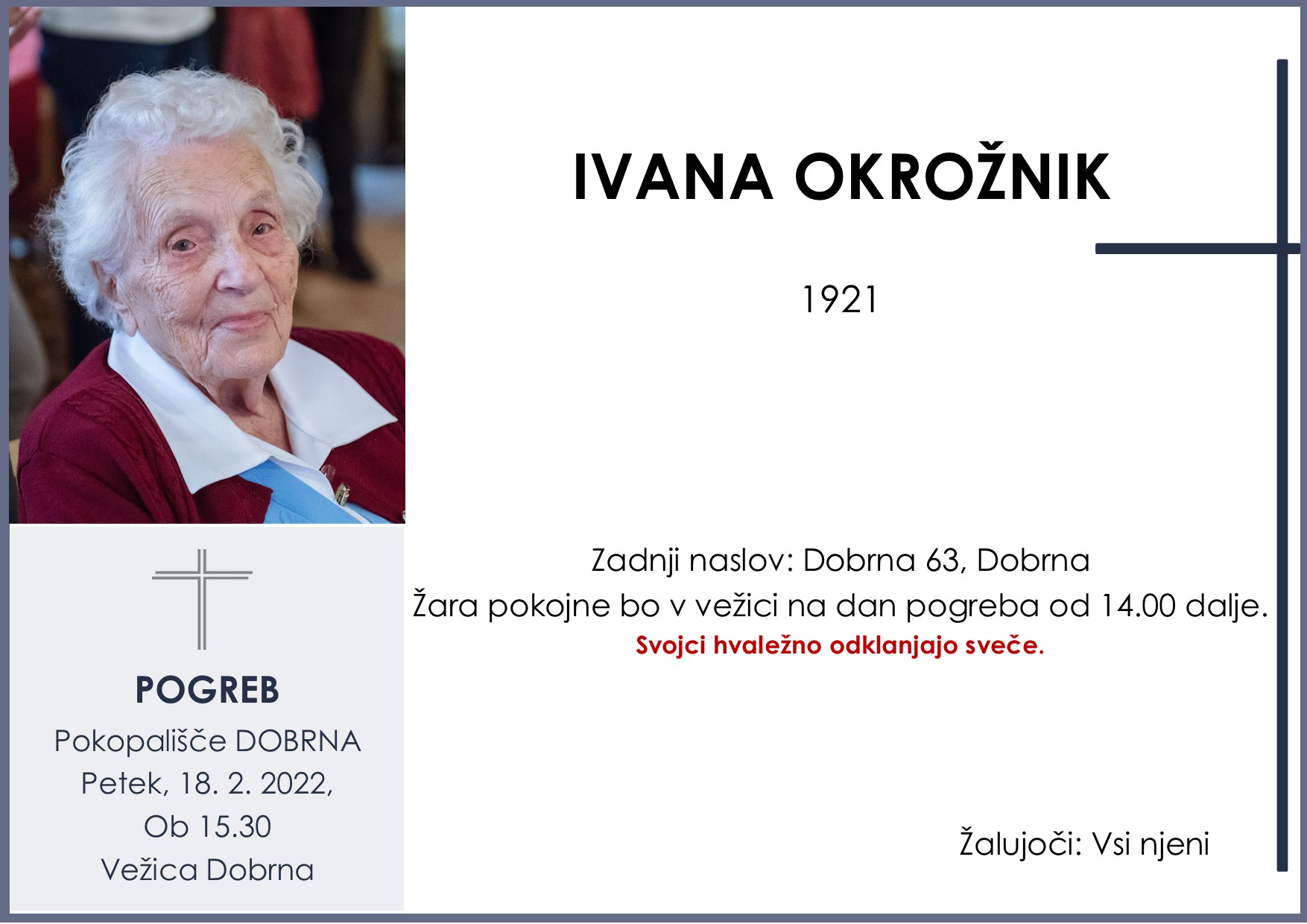 OsmrtnicaOkrožnikIvana1921 pogreb petek 18.2.2022 ob 15.30 Dobrna