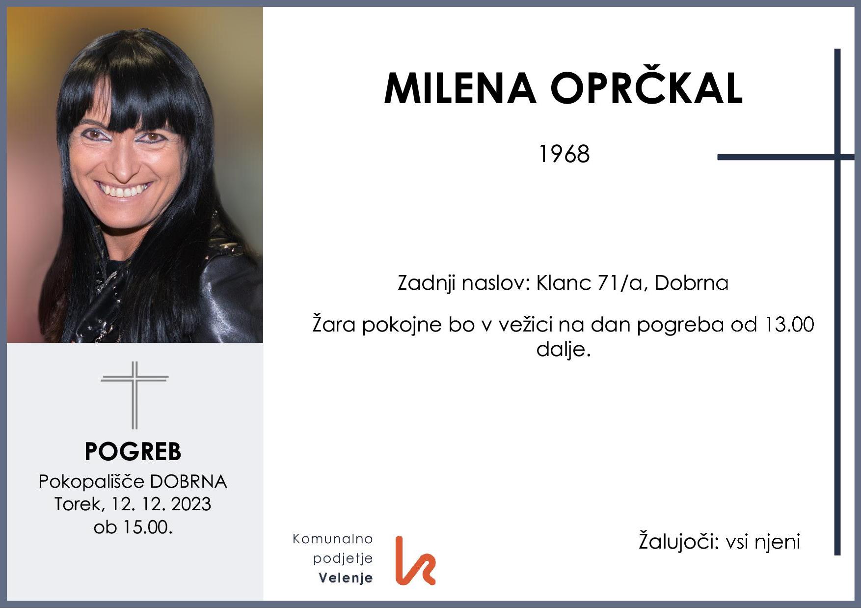 OsmrtnicaOprčkalMilena1968 pogreb torek 12.12.2023 ob 15.00 Dobrna