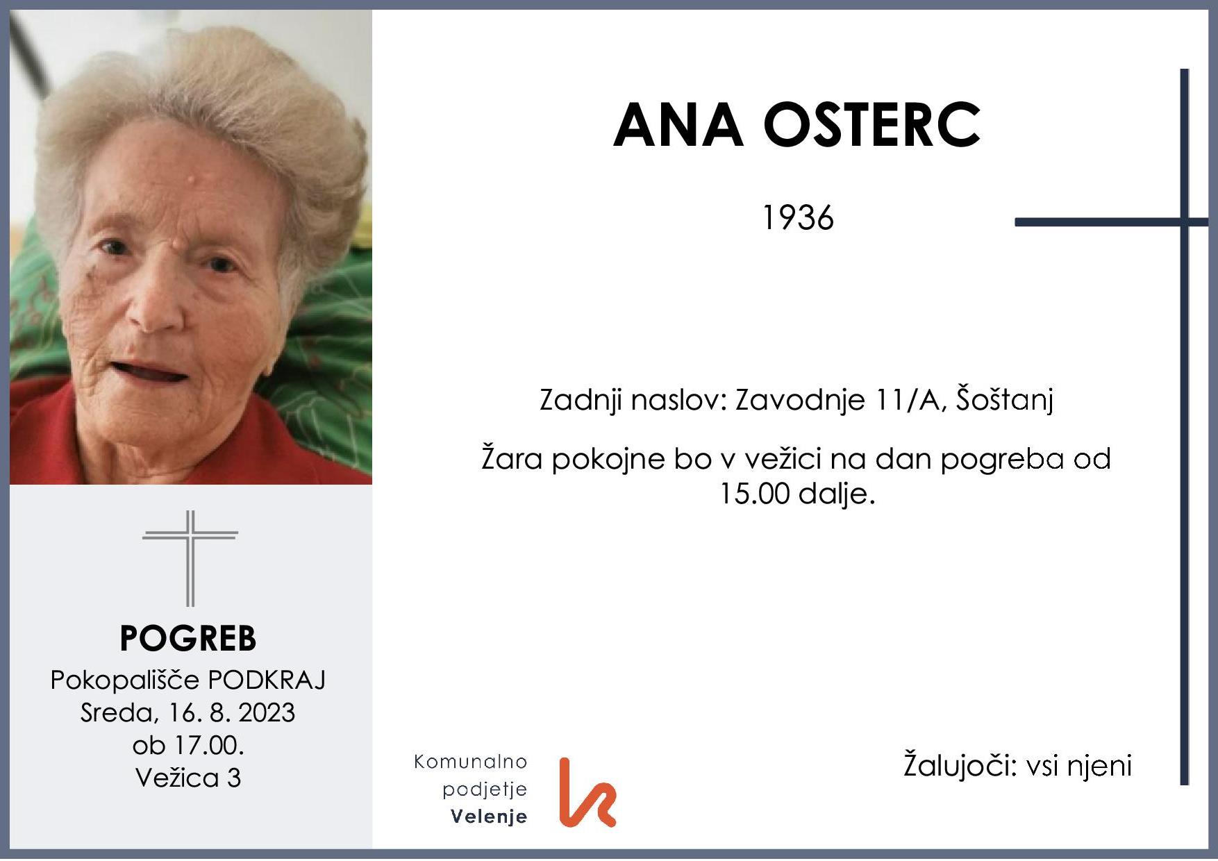 OsmrtnicaOstercAna1936 pogreb sreda 16.8.2023 ob 17.00 Podkraj